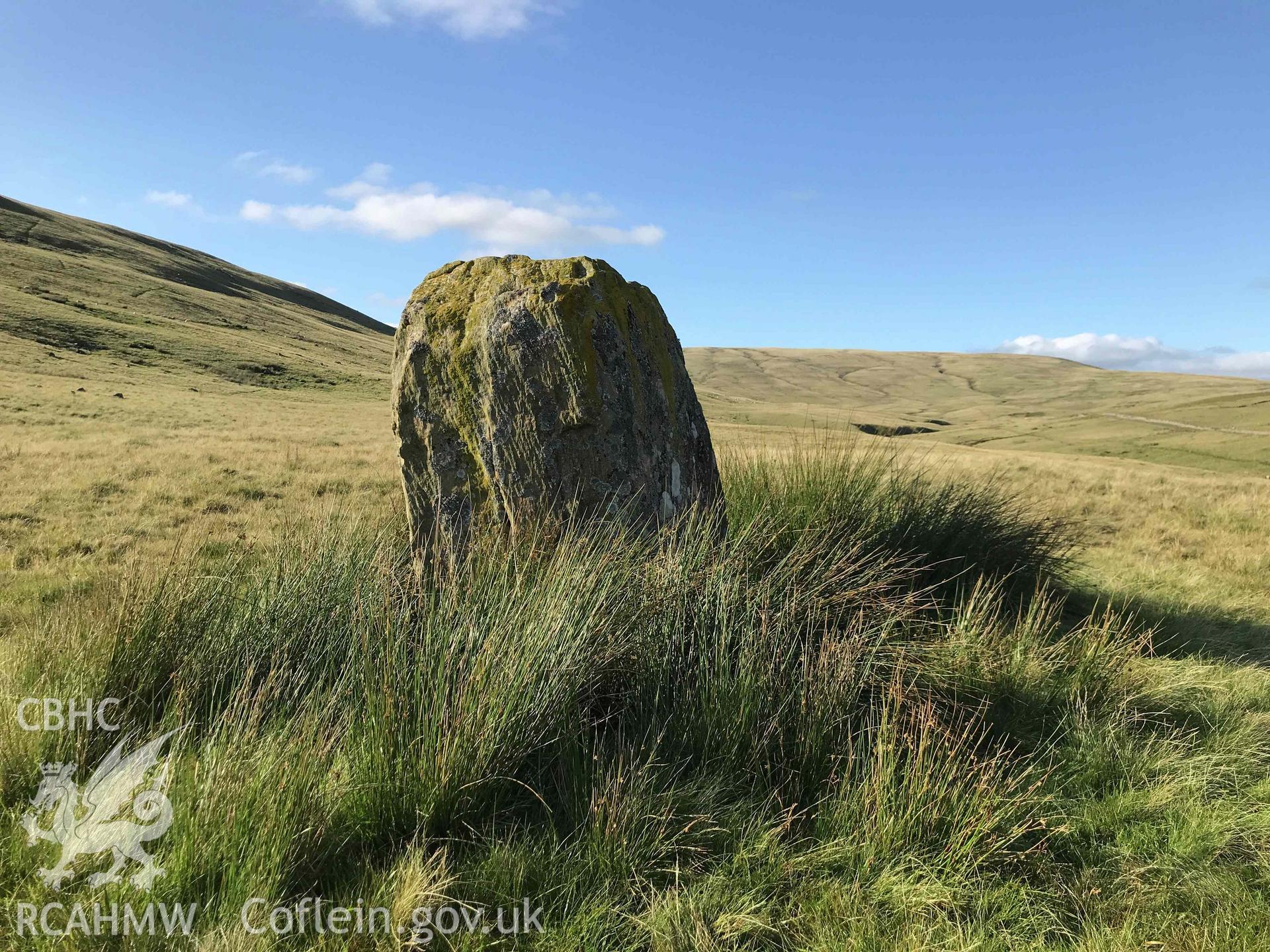 Digital photograph showing detailed view of Maen Mawr standing stone, produced by Paul Davis in 2020