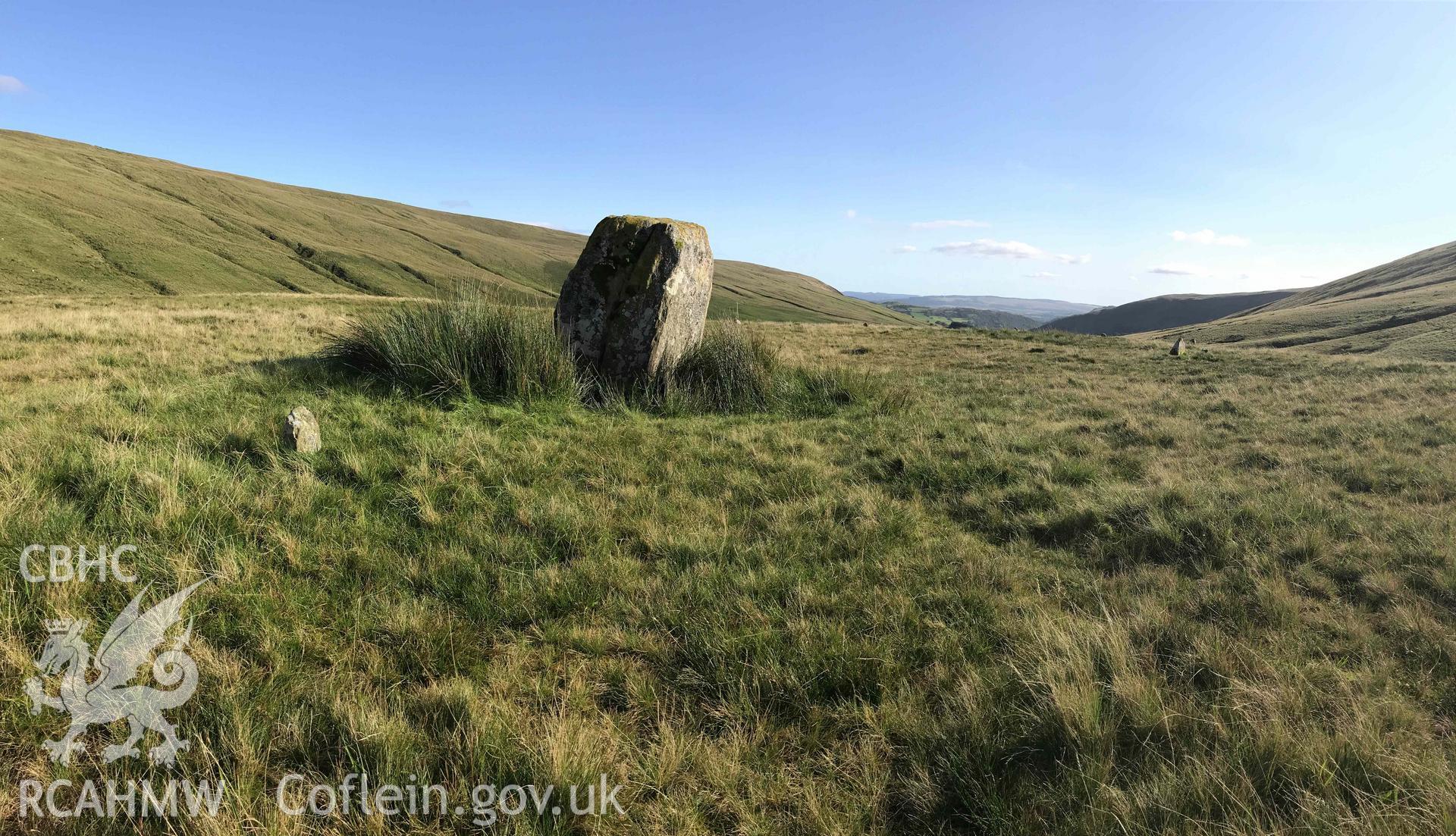 Digital photograph showing general view of Maen Mawr standing stone, produced by Paul Davis in 2020