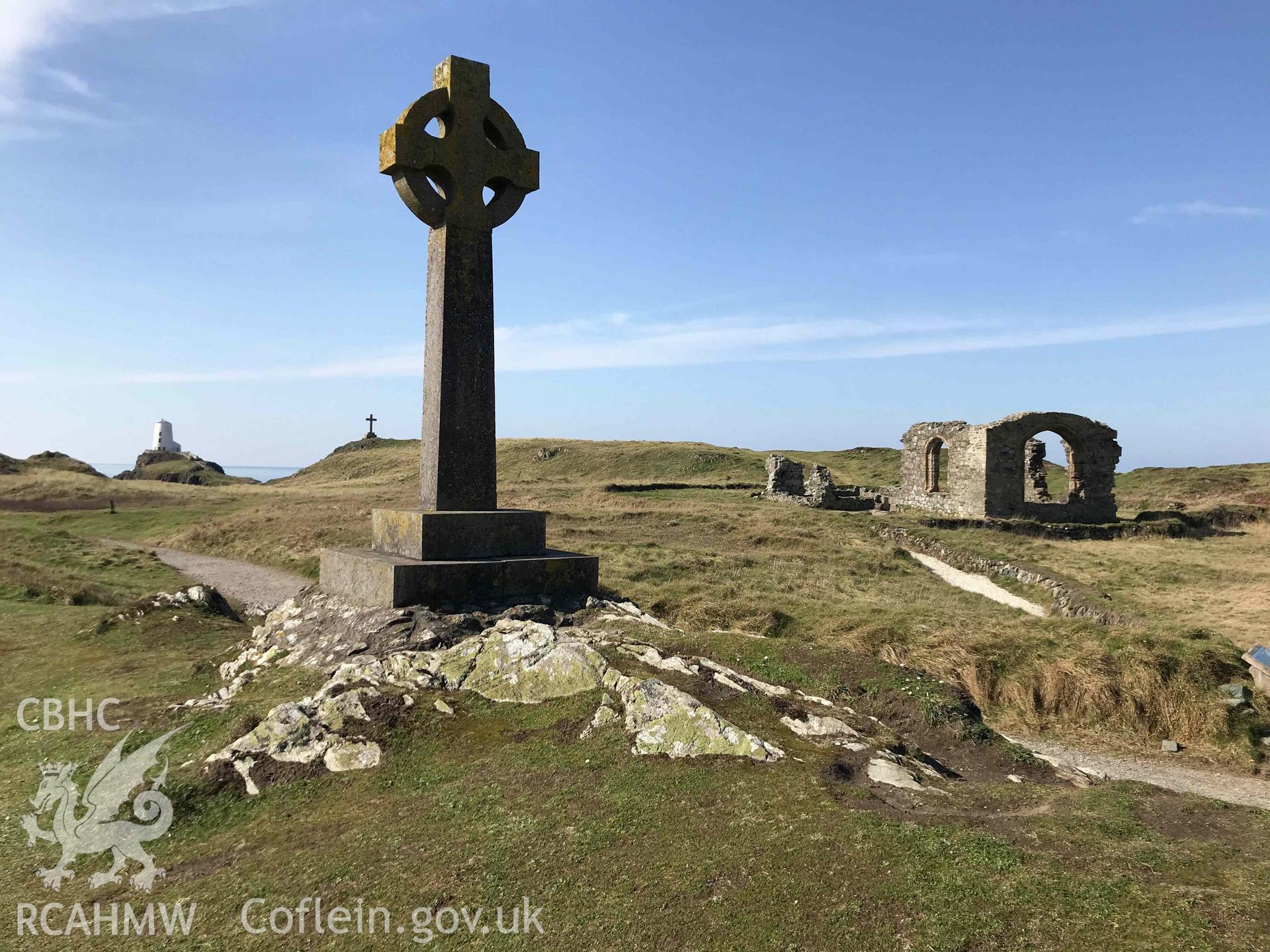 Digital photograph showing cross at St Dwynwen's Church, Llanddwyn. Produced by Paul Davis in 2020