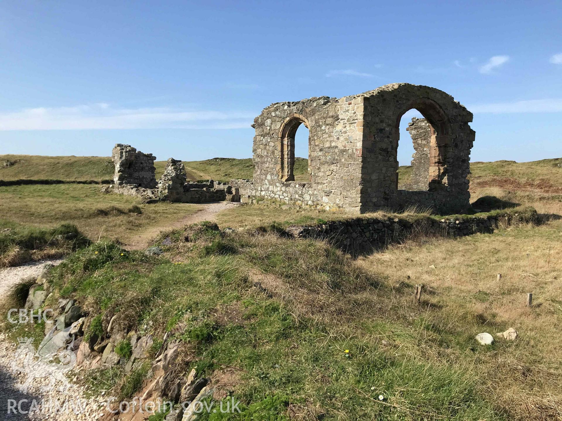 Digital photograph showing remains of St Dwynwen's Church, Llanddwyn. Produced by Paul Davis in 2020