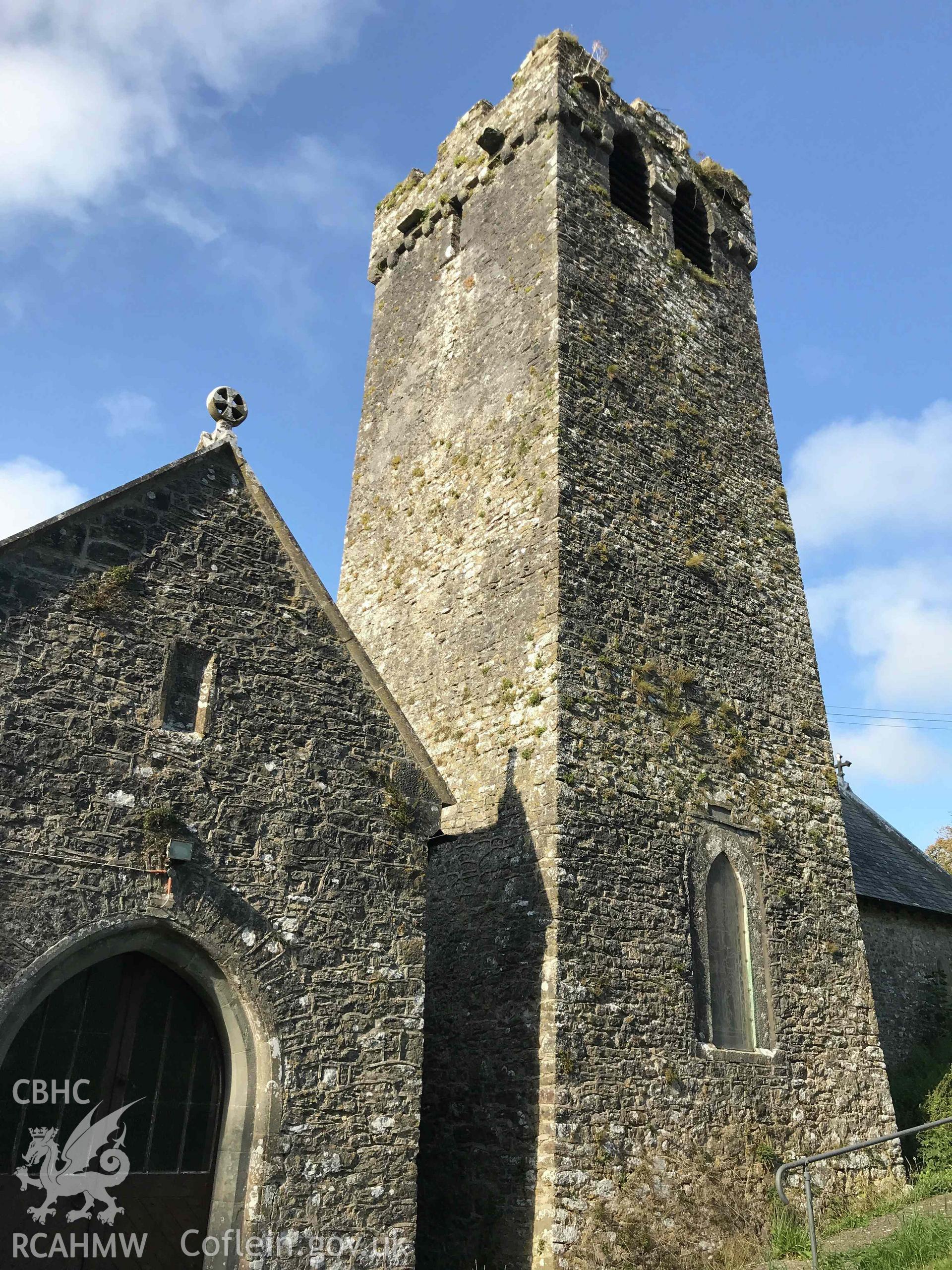 Digital photograph showing detailed view of tower at St Michael's Church, Castlemartin, produced by Paul Davis in 2020