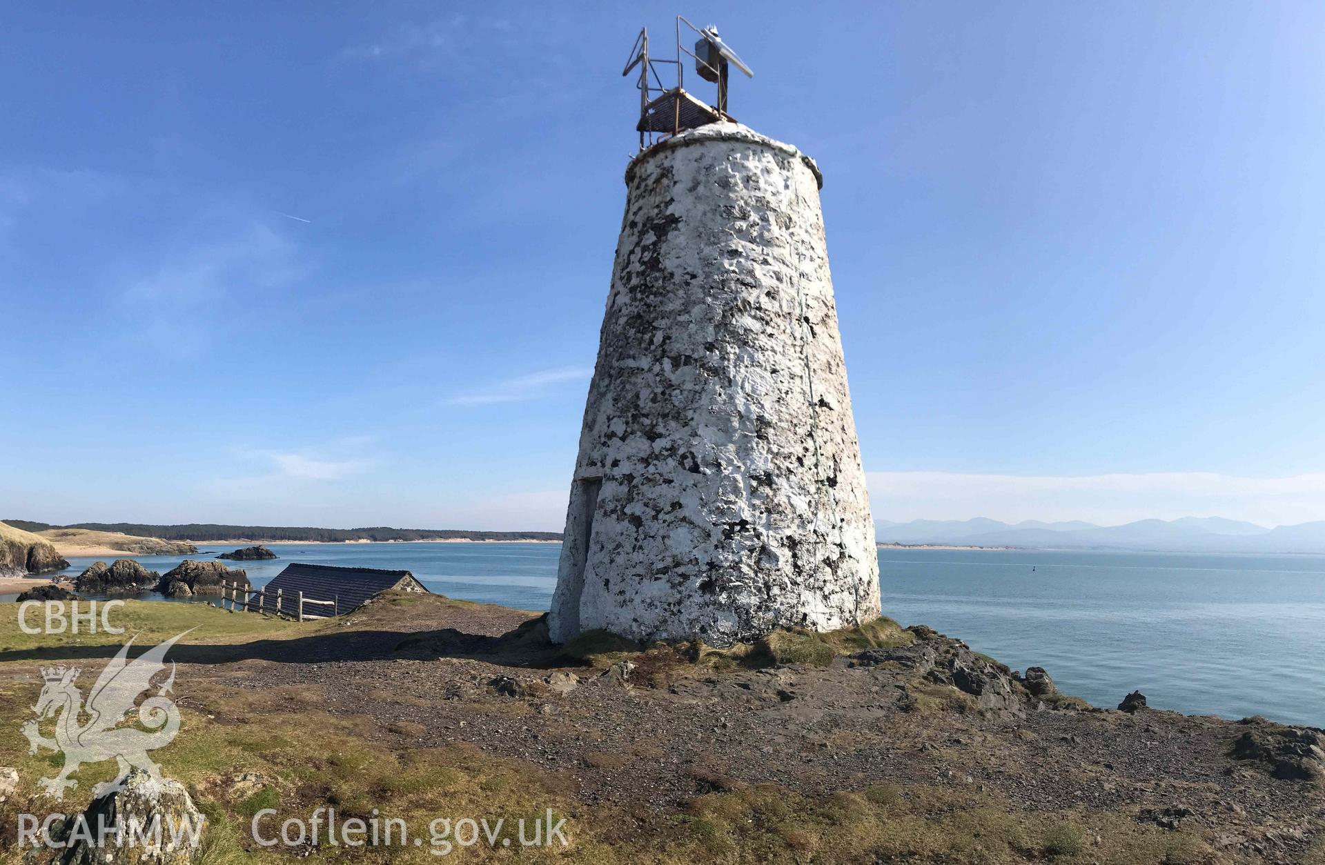Digital photograph of the old lighthouse tower on Llanddwyn Island, produced by Paul Davis in 2020