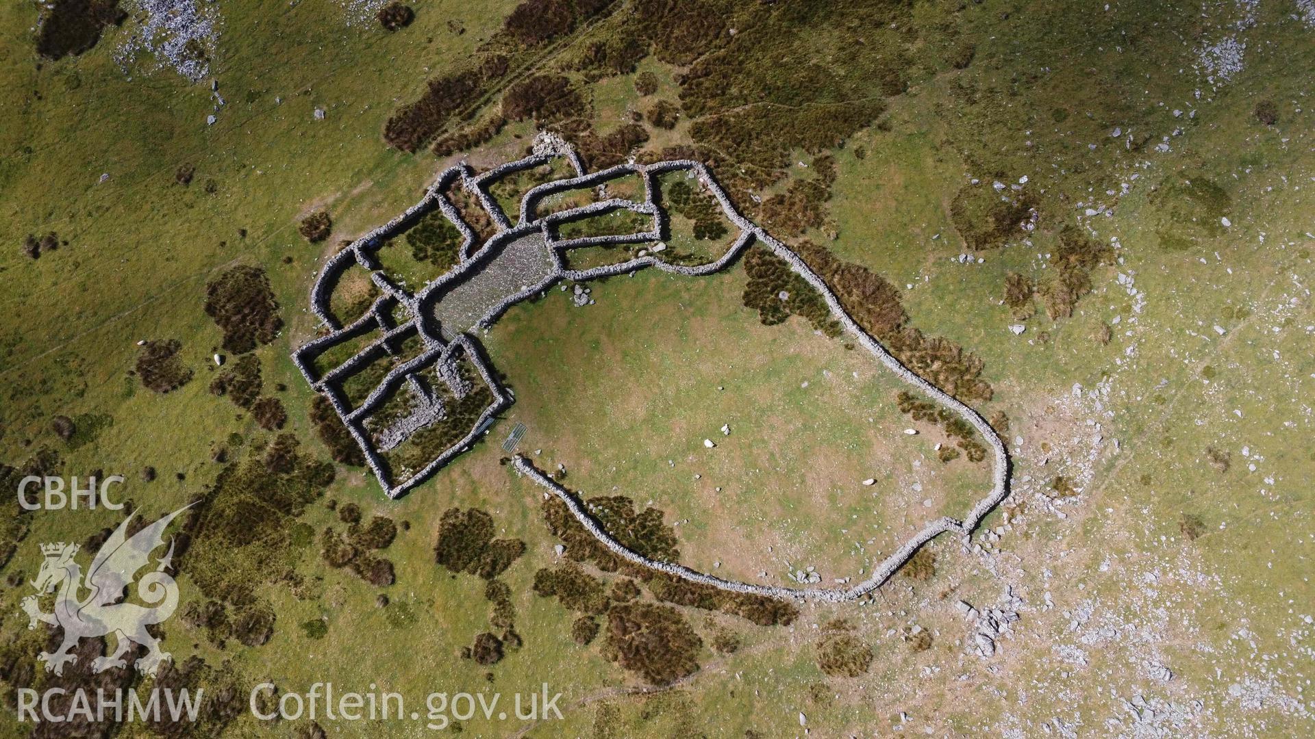 Digital aerial photograph showing Cwm Caseg Wandering Wall Settlement, Llanllechid. Taken in June 2023 by John Rowlands.