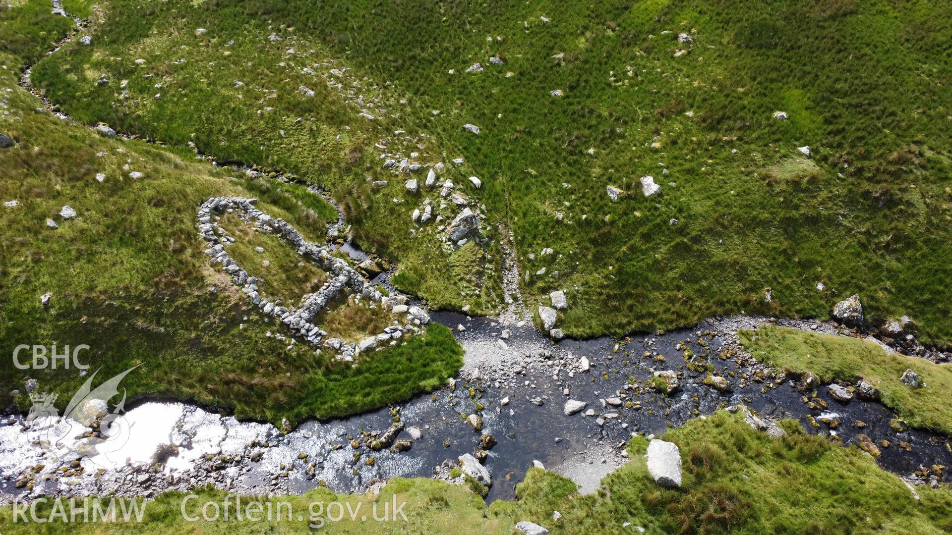 Digital aerial photograph showing Carneddau Afon Caseg Sheepfold & Wash, Llanllechid. Taken in June 2023 by John Rowlands.