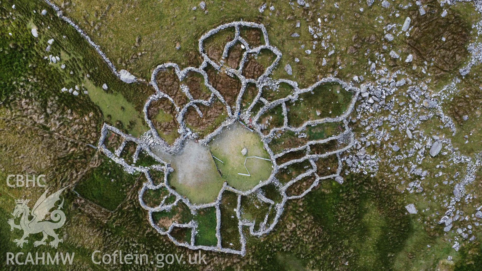 Digital aerial photograph showing multicellular sheepfold, Llanllechid. Taken in June 2023 by John Rowlands.