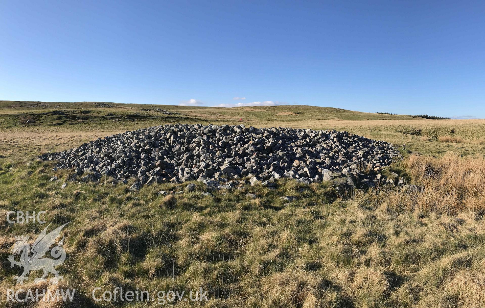 Digital photograph of Cairn 'G' round barrow at Cefn Esgair-Carnau. Produced by Paul Davis in 2020