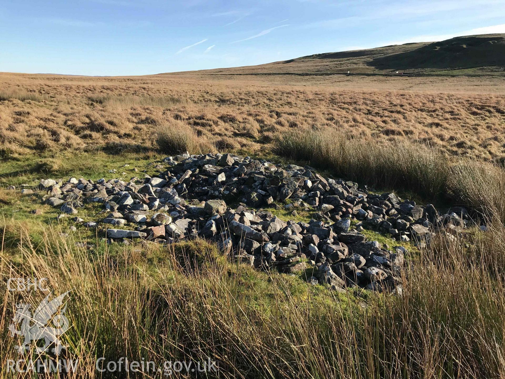 Digital photograph of Cairn 'F' round barrow at Cefn Esgair-Carnau. Produced by Paul Davis in 2020