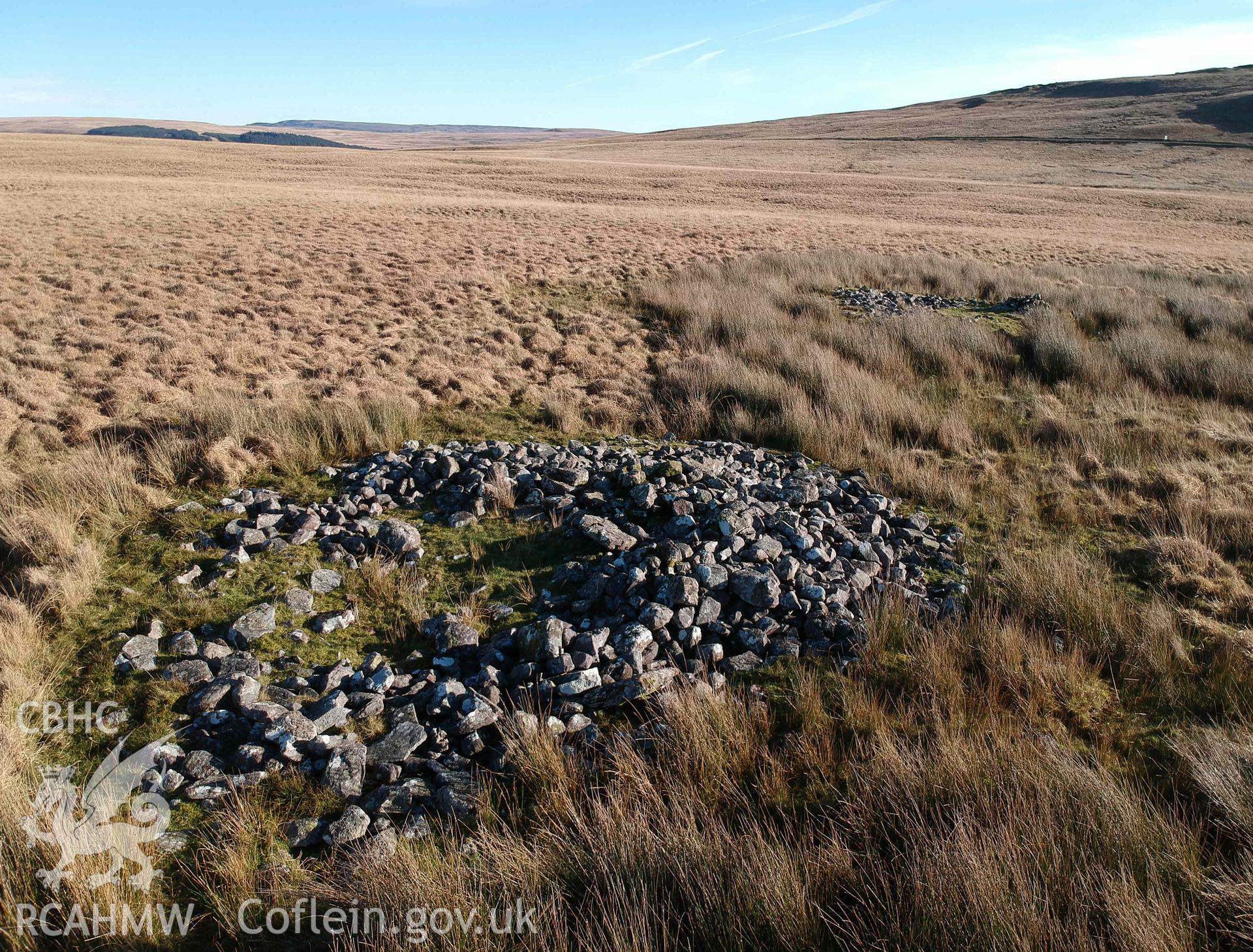 Digital photograph of Cairn 'D' and 'E' round barrows at Cefn Esgair-Carnau. Produced by Paul Davis in 2020