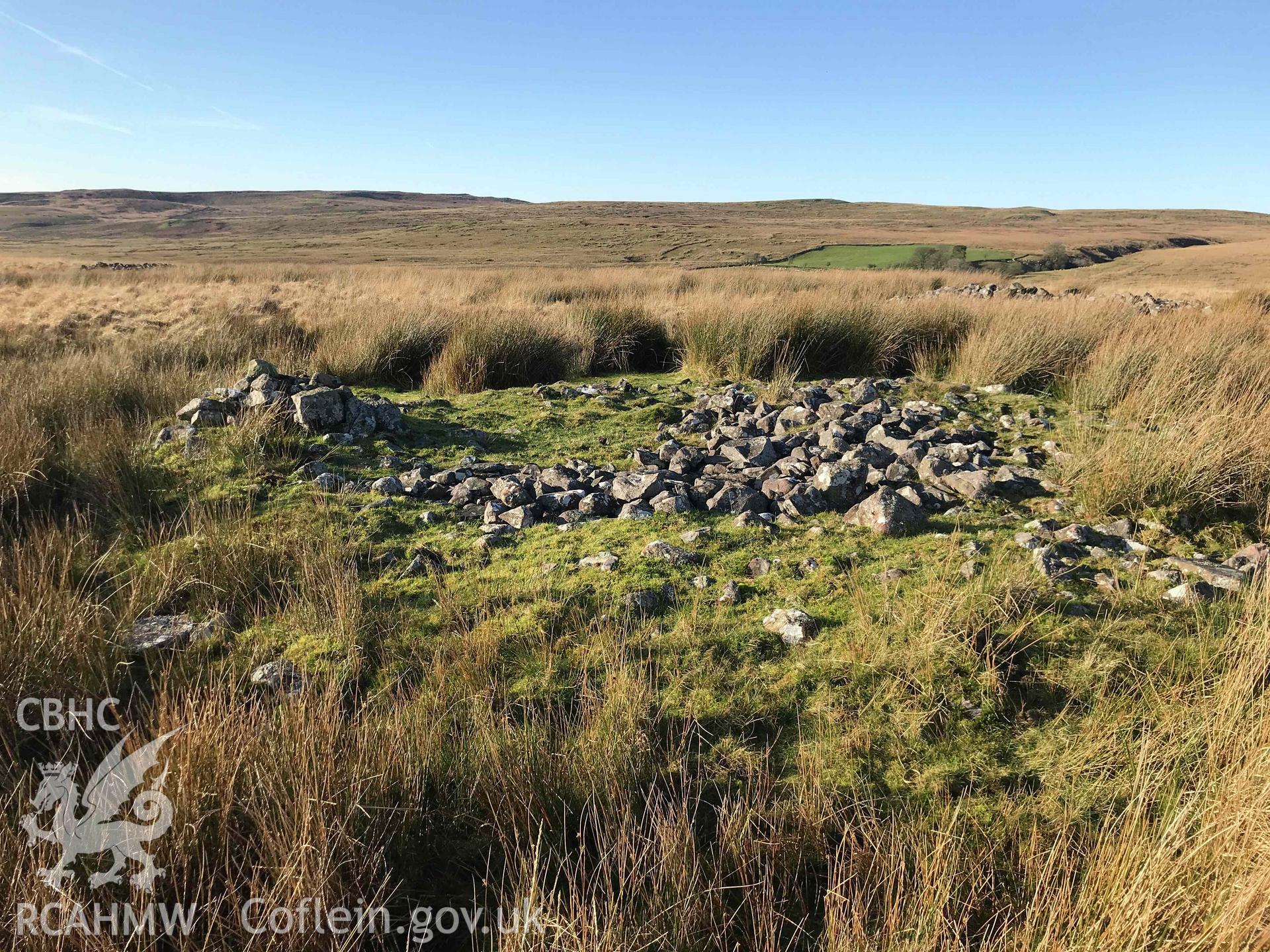 Digital photograph of Cairn 'D' round barrow at Cefn Esgair-Carnau. Produced by Paul Davis in 2020