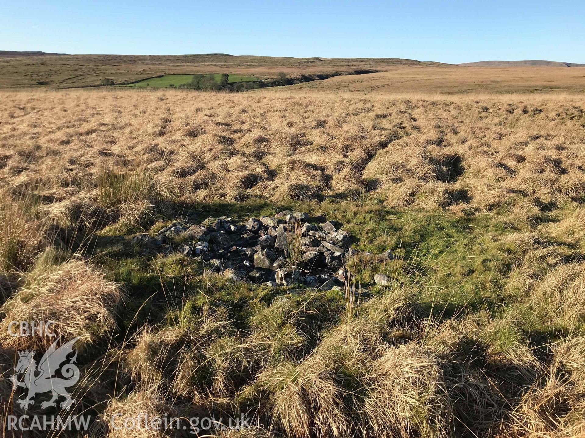 Digital photograph of Cairn 'B' round barrow at Cefn Esgair-Carnau. Produced by Paul Davis in 2020