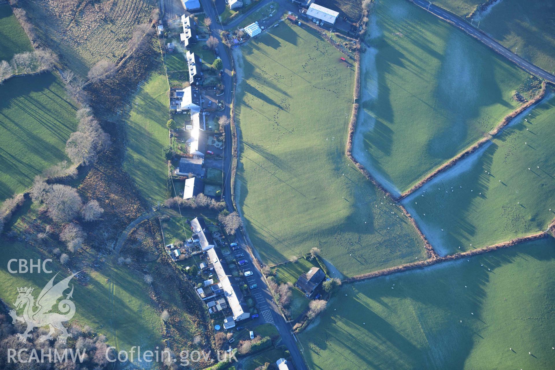 Oblique aerial photograph of Brithdir Roman fort in winter light. Taken during the Royal Commission’s programme of archaeological aerial reconnaissance by Toby Driver on 17th January 2022