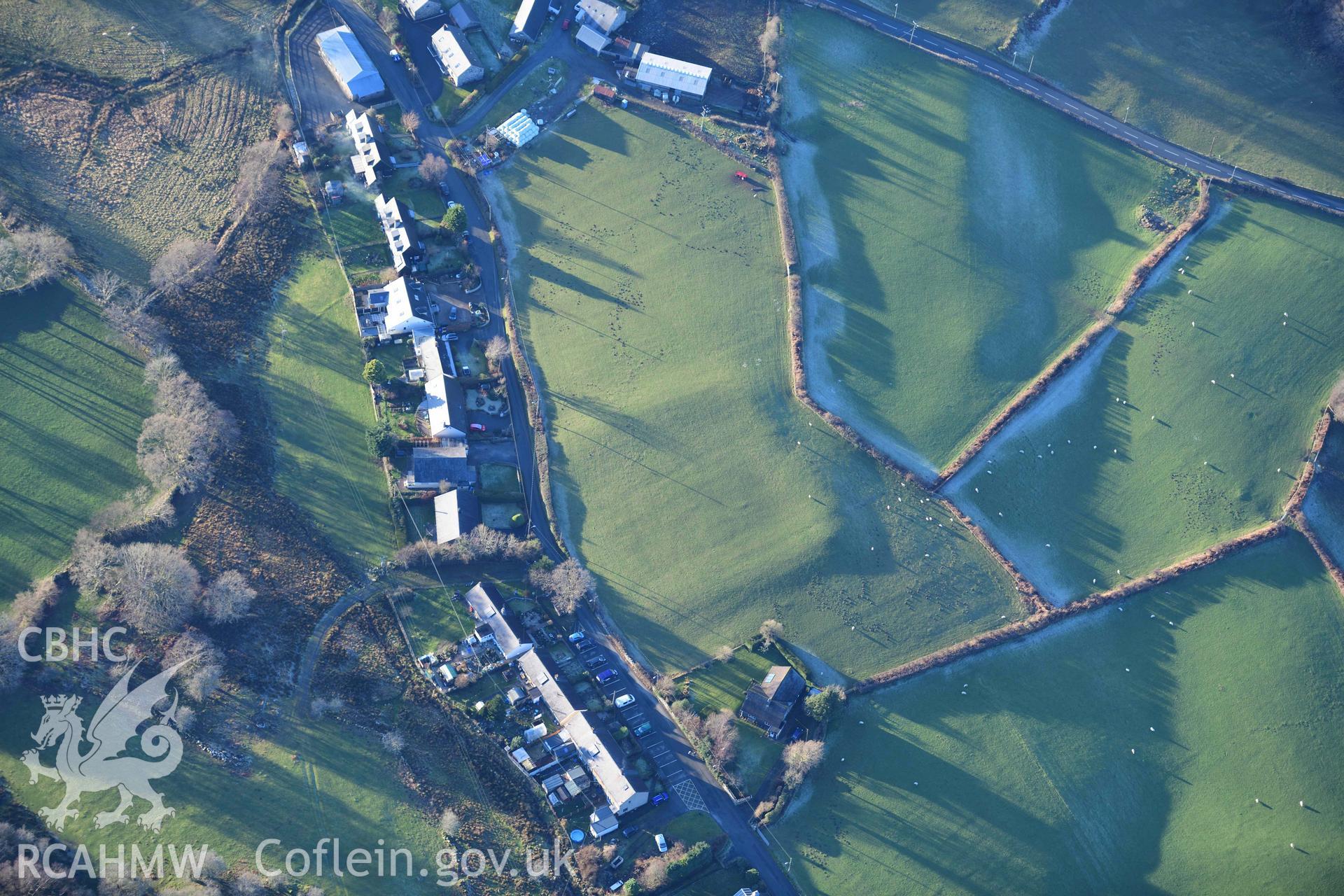 Oblique aerial photograph of Brithdir Roman fort in winter light. Taken during the Royal Commission’s programme of archaeological aerial reconnaissance by Toby Driver on 17th January 2022