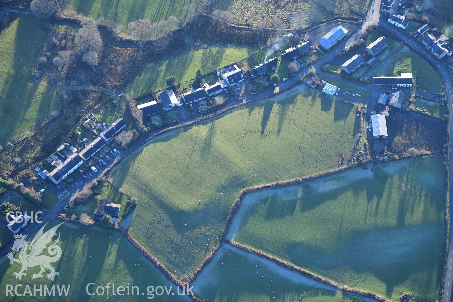 Oblique aerial photograph of Brithdir Roman fort in winter light. Taken during the Royal Commission’s programme of archaeological aerial reconnaissance by Toby Driver on 17th January 2022