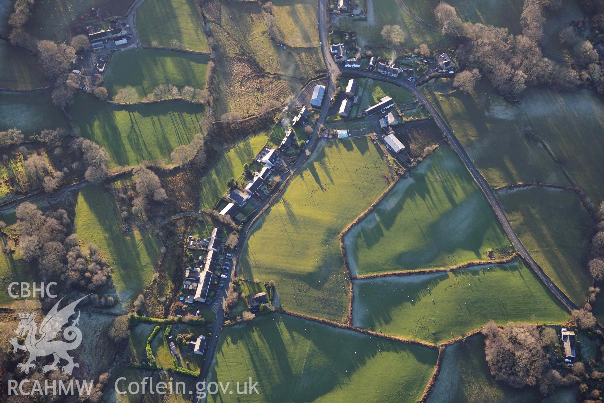 Oblique aerial photograph of Brithdir Roman fort in winter light. Taken during the Royal Commission’s programme of archaeological aerial reconnaissance by Toby Driver on 17th January 2022