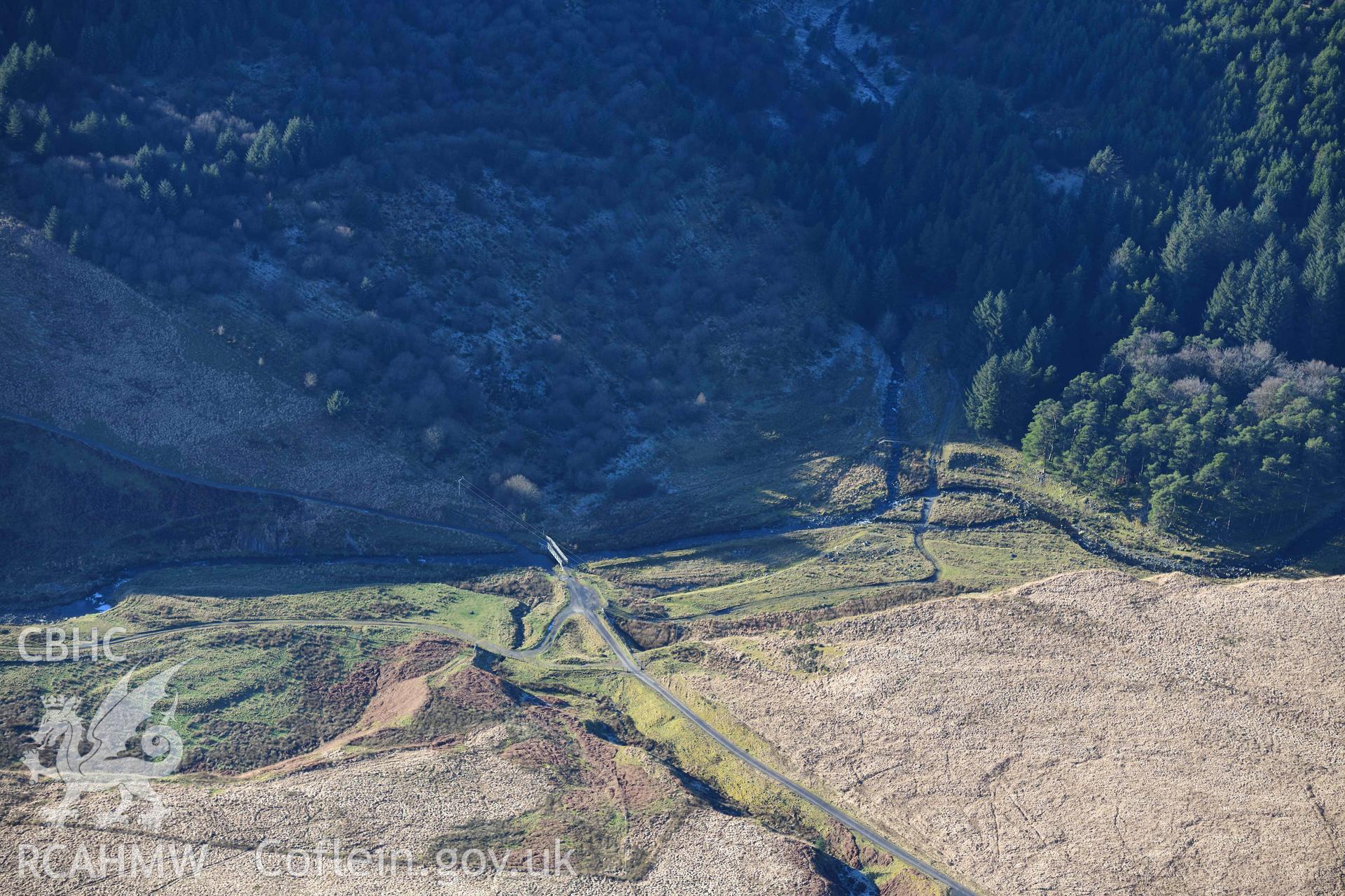 Oblique aerial photograph of Nant Dilw Fechan deserted rural settlement taken during the Royal Commission’s programme of archaeological aerial reconnaissance by Toby Driver on 17th January 2022