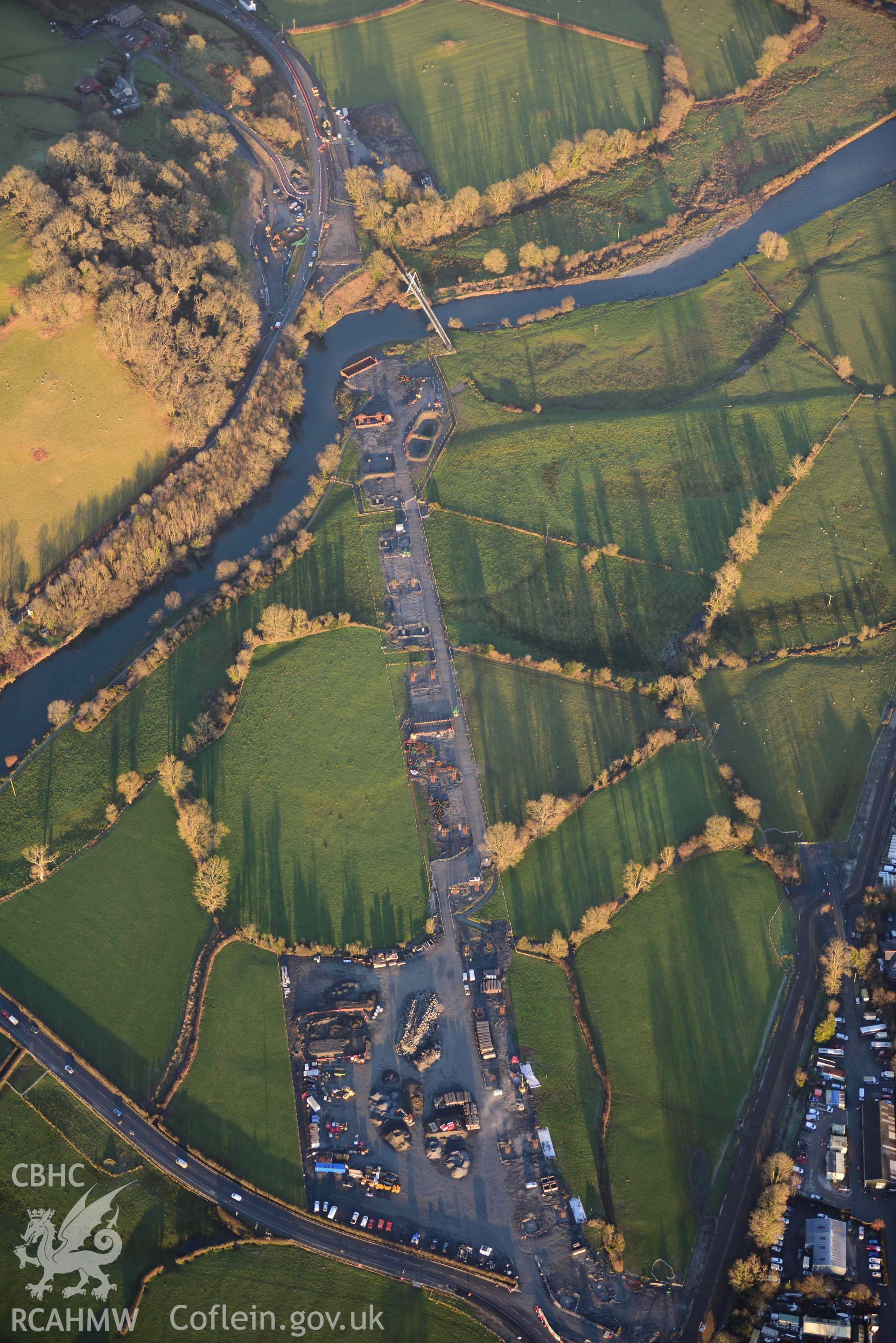 Oblique aerial photograph of A487 bridge taken during the Royal Commission’s programme of archaeological aerial reconnaissance by Toby Driver on 17th January 2022