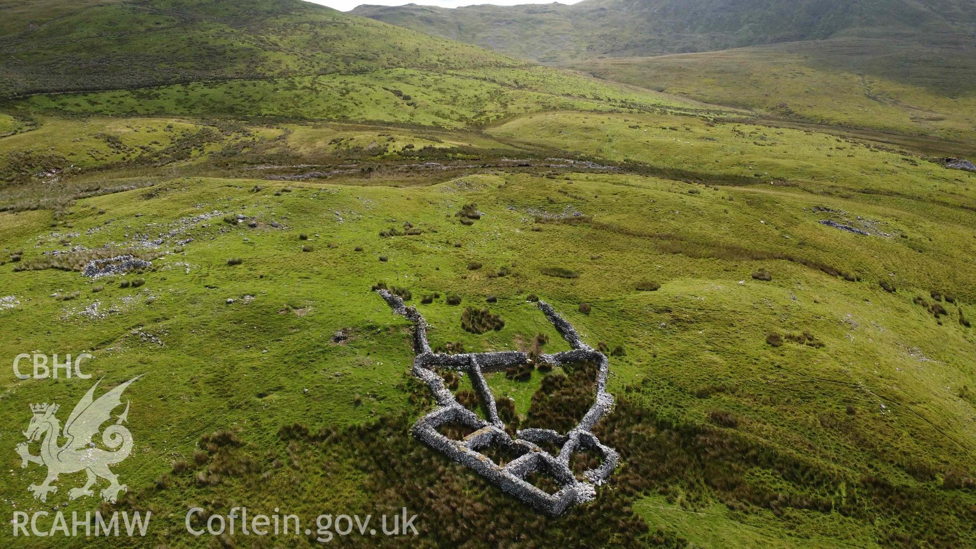 Digital aerial photograph showing multicellular sheep fold, Moel-yr-Wden. Taken in July 2023 by John Rowlands.