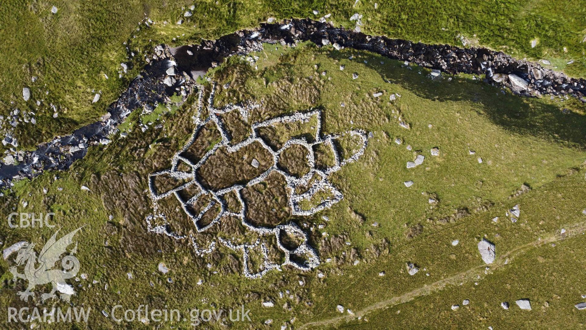 Digital aerial photograph showing multicellular sheep fold, Llanllechid. Taken in July 2023 by John Rowlands.