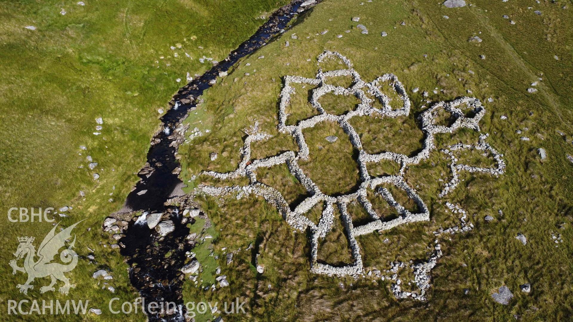 Digital aerial photograph showing multicellular sheep fold, Llanllechid. Taken in July 2023 by John Rowlands.