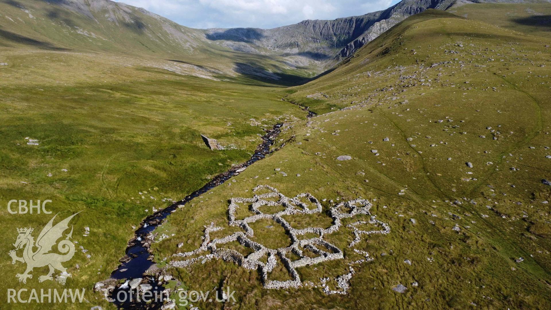 Digital aerial photograph showing multicellular sheep fold, Llanllechid. Taken in July 2023 by John Rowlands.