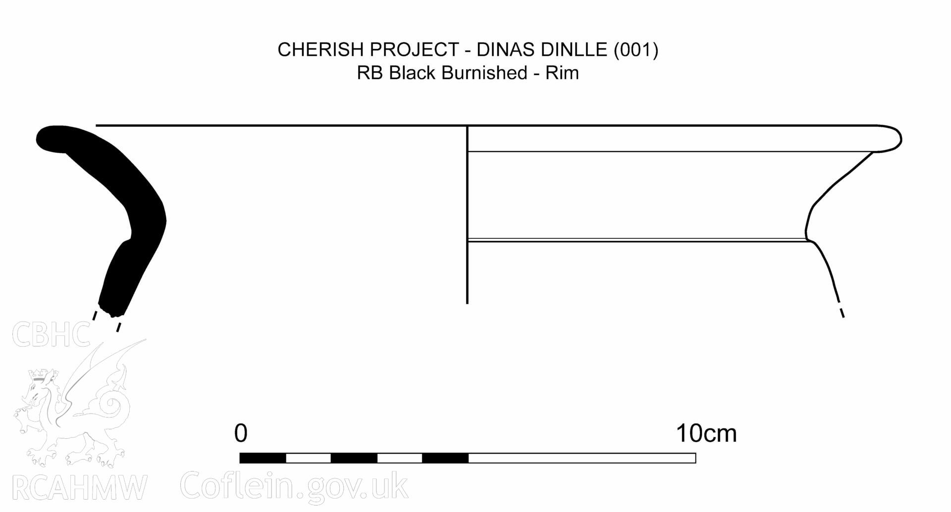 Pottery Drawing of black-burnished ware BB1 fabric rim sherd by Ian Dennis. (.tif version)
© Crown: CHERISH PROJECT 2019. Produced with EU funds through the Ireland Wales Co-operation Programme 2014-2020. All material made freely available through the Open Government Licence.