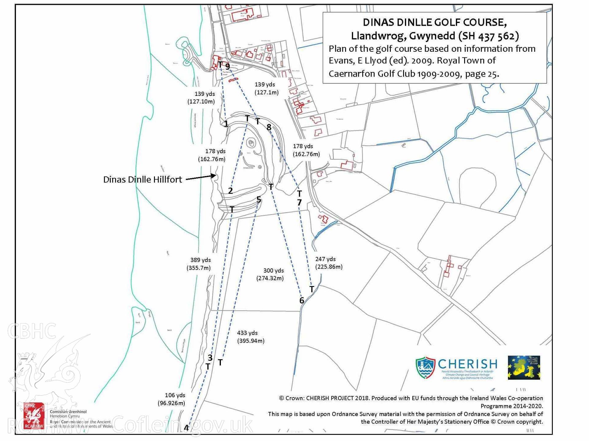 DINAS DINLLE GOLF COURSE, Llandwrog, Gwynedd (SH 437 562). Plan of the golf course by Louise Barker based on information from Evans, E.L. (ed.) 2009. Royal Town of Caernarfon Golf Club 1909- 2009, page 25. (jpg VERSION)
© Crown: CHERISH PROJECT 2019. Produced with EU funds through the Ireland Wales Co-operation Programme 2014-2020. All material made freely available through the Open Government Licence.