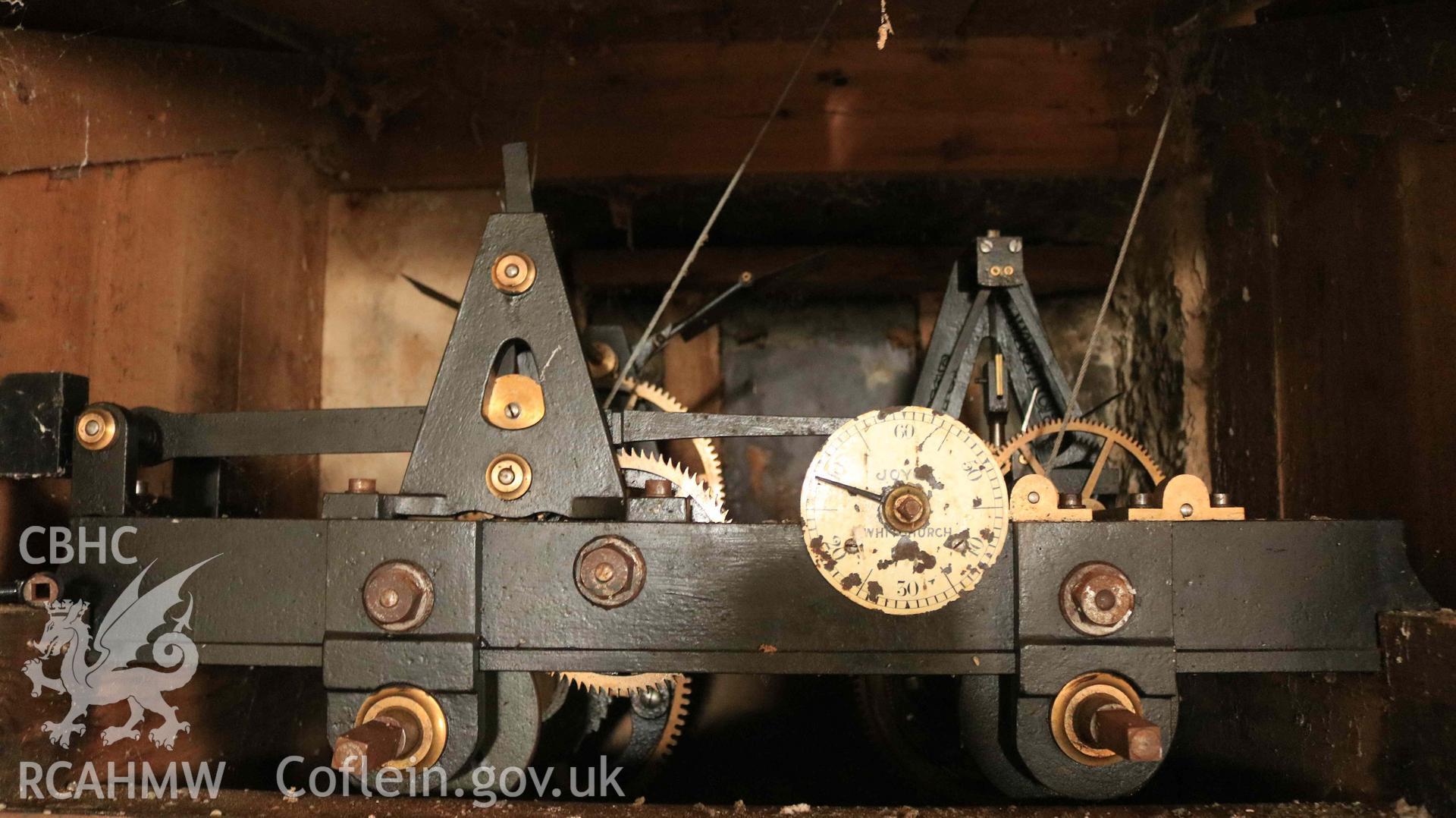 Digital photo showing clock mechanism in clock tower at Parciau, Marianglas, produced in March 2023.as part of planning conditions for Isle of Anglesey County Council, reference: FPL/2022/330.