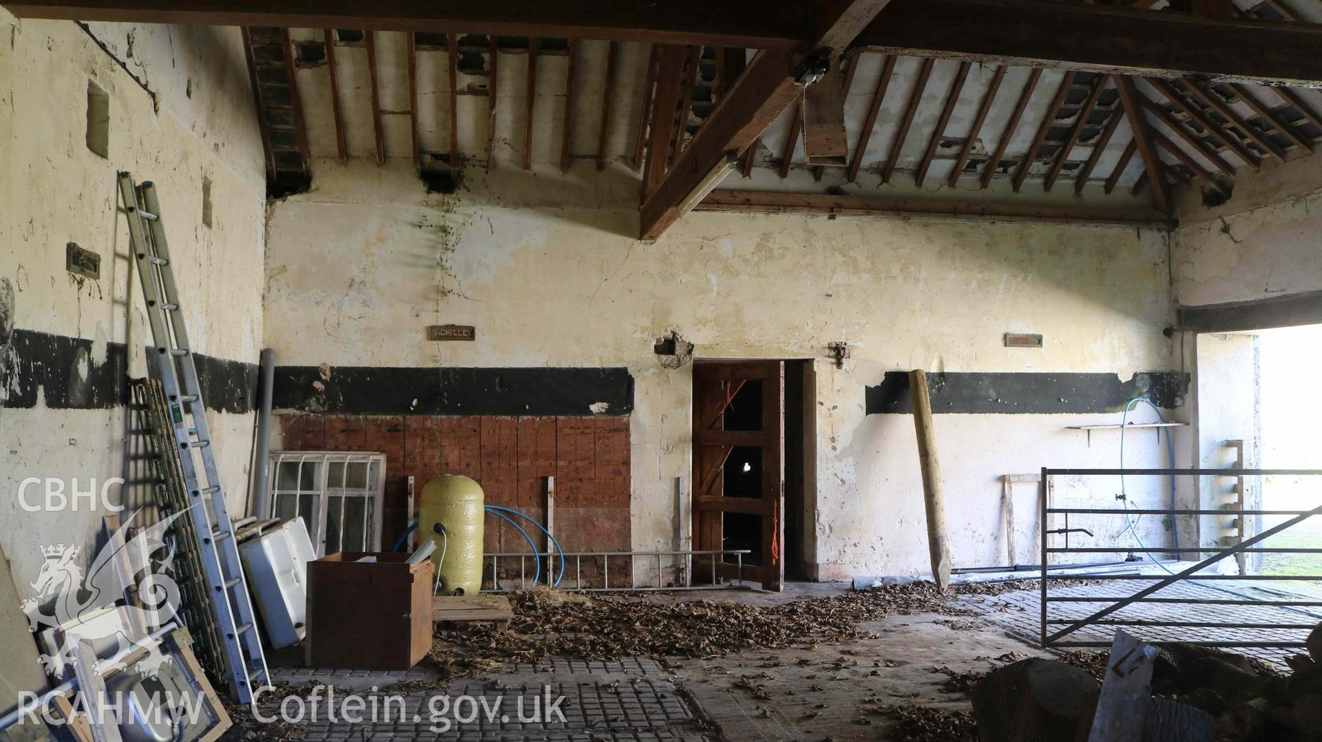 Digital photo showing interior of existing house garage at Parciau, Marianglas, produced in March 2023 as part of planning conditions for Isle of Anglesey County Council, reference: FPL/2022/330.