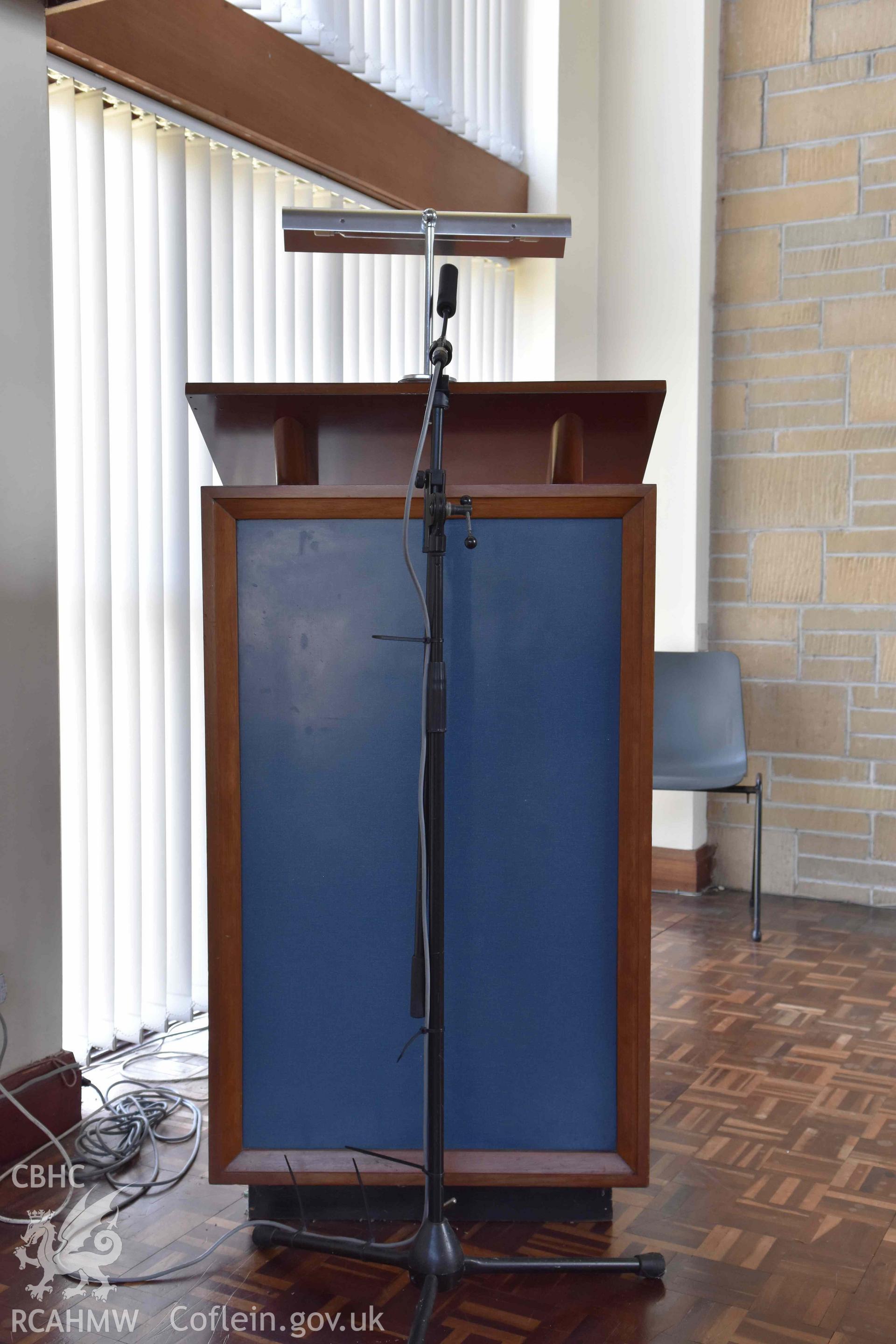 Reading desk in southern corner of main auditorium - part of a photographic survey of St David's Methodist Chapel, Barry, carried out in July 2021.