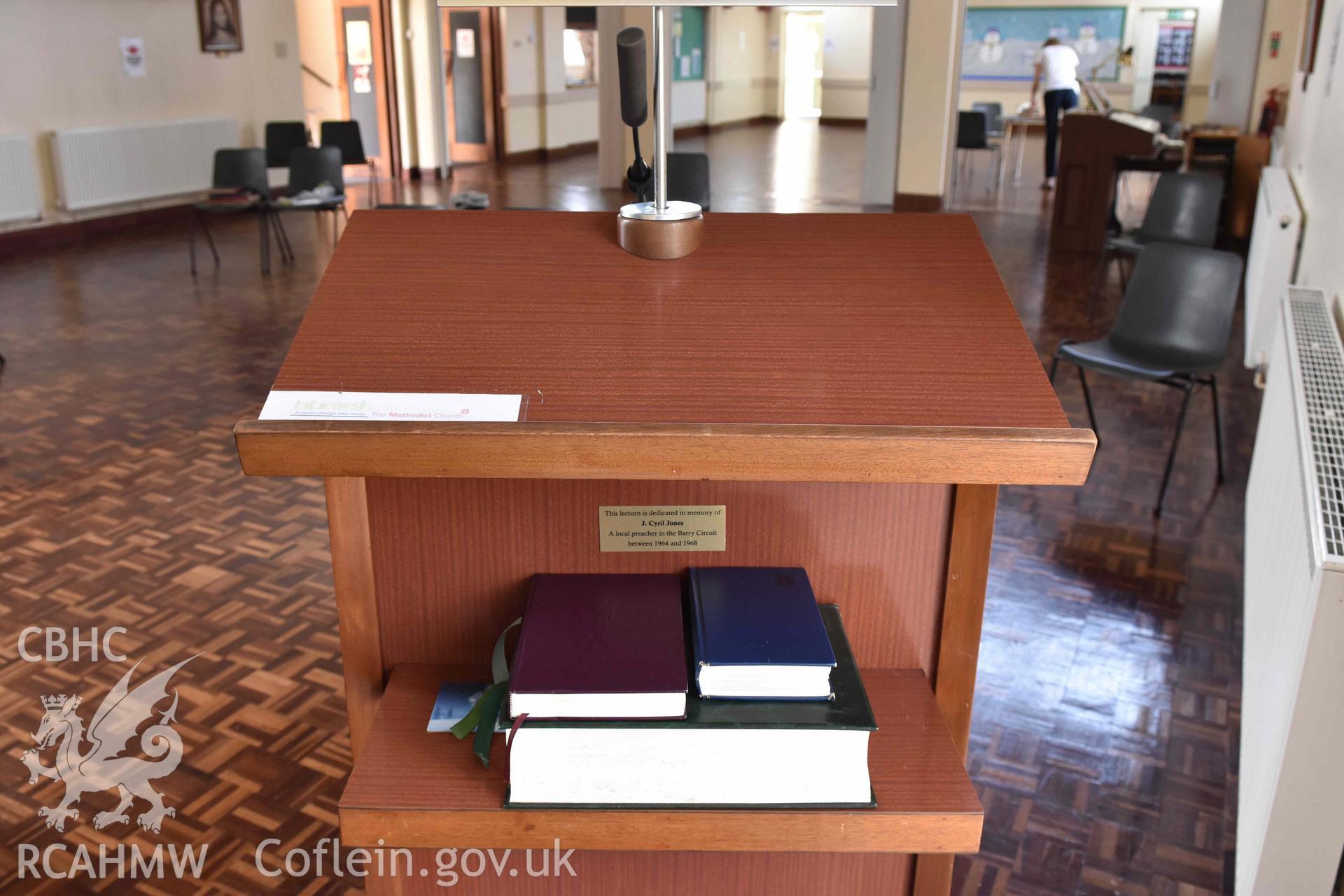 Detail of reading desk - part of a photographic survey of St David's Methodist Chapel, Barry, carried out in July 2021.