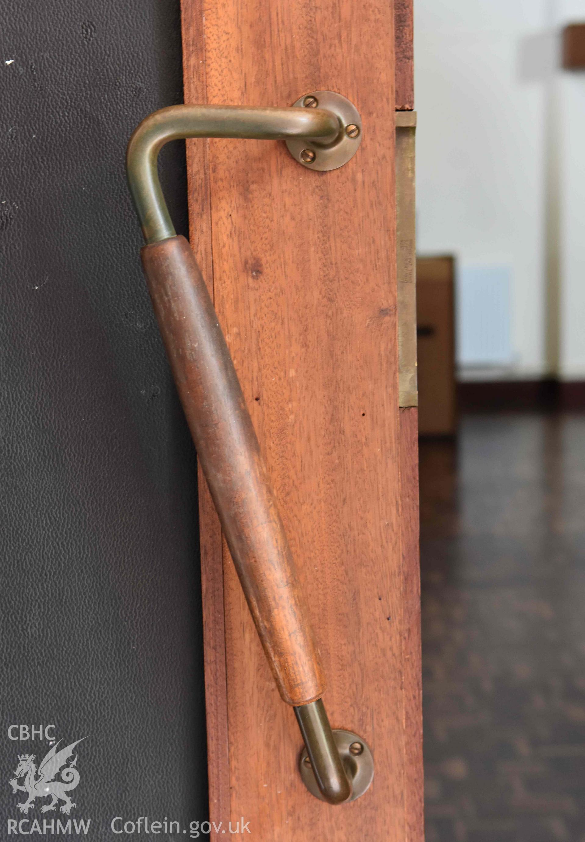 Detail of door handle - part of a photographic survey of St David's Methodist Chapel, Barry, carried out in July 2021.