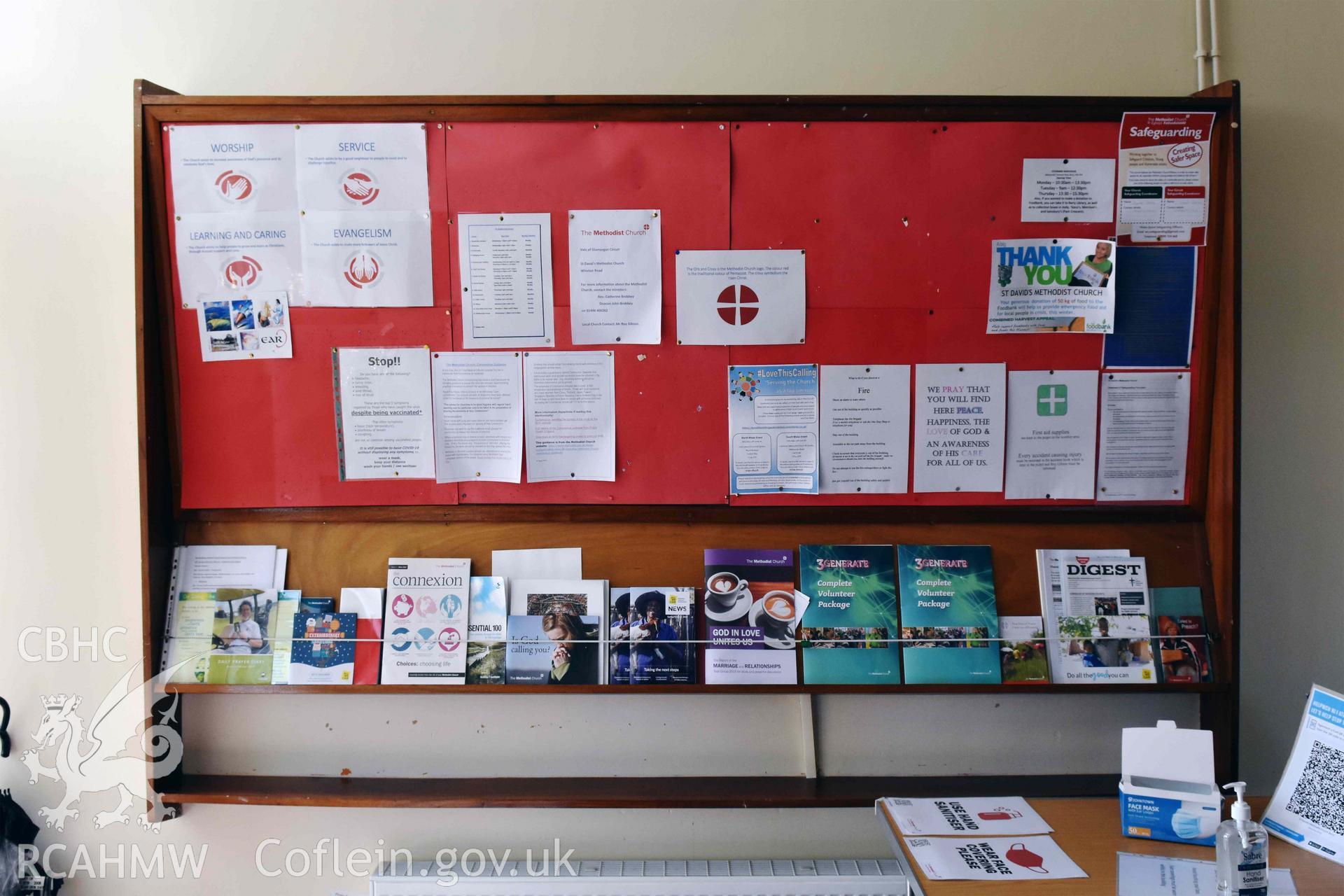 Display in foyer - part of a photographic survey of St David's Methodist Chapel, Barry, carried out in July 2021.