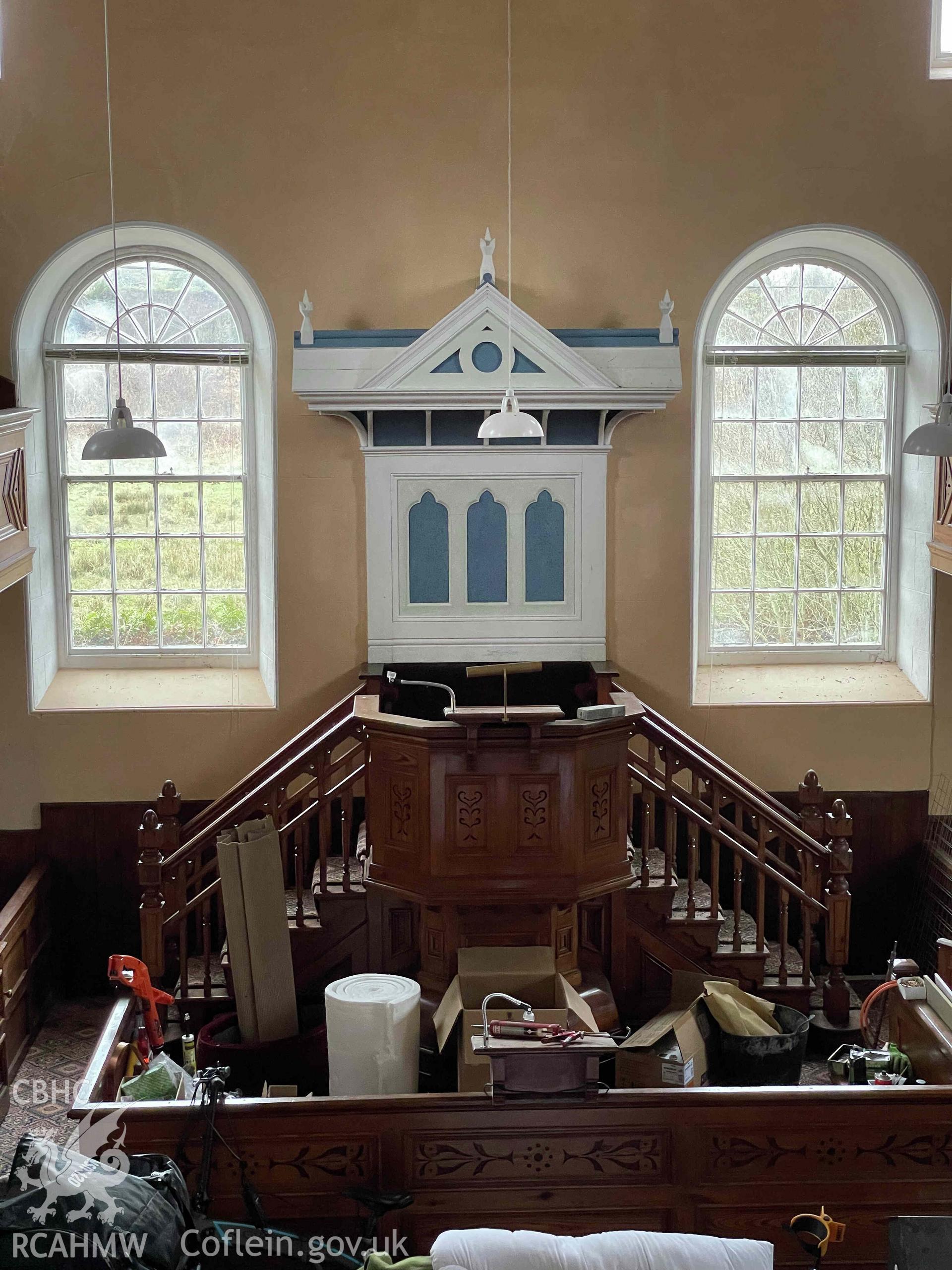 Internal view of Capel Soar, Talsarnau, part of a photo survey produced in August 2023 as part of planning conditions for Parc Genedlaethol Eryri LPA Reference: NP5/77/LB65B.