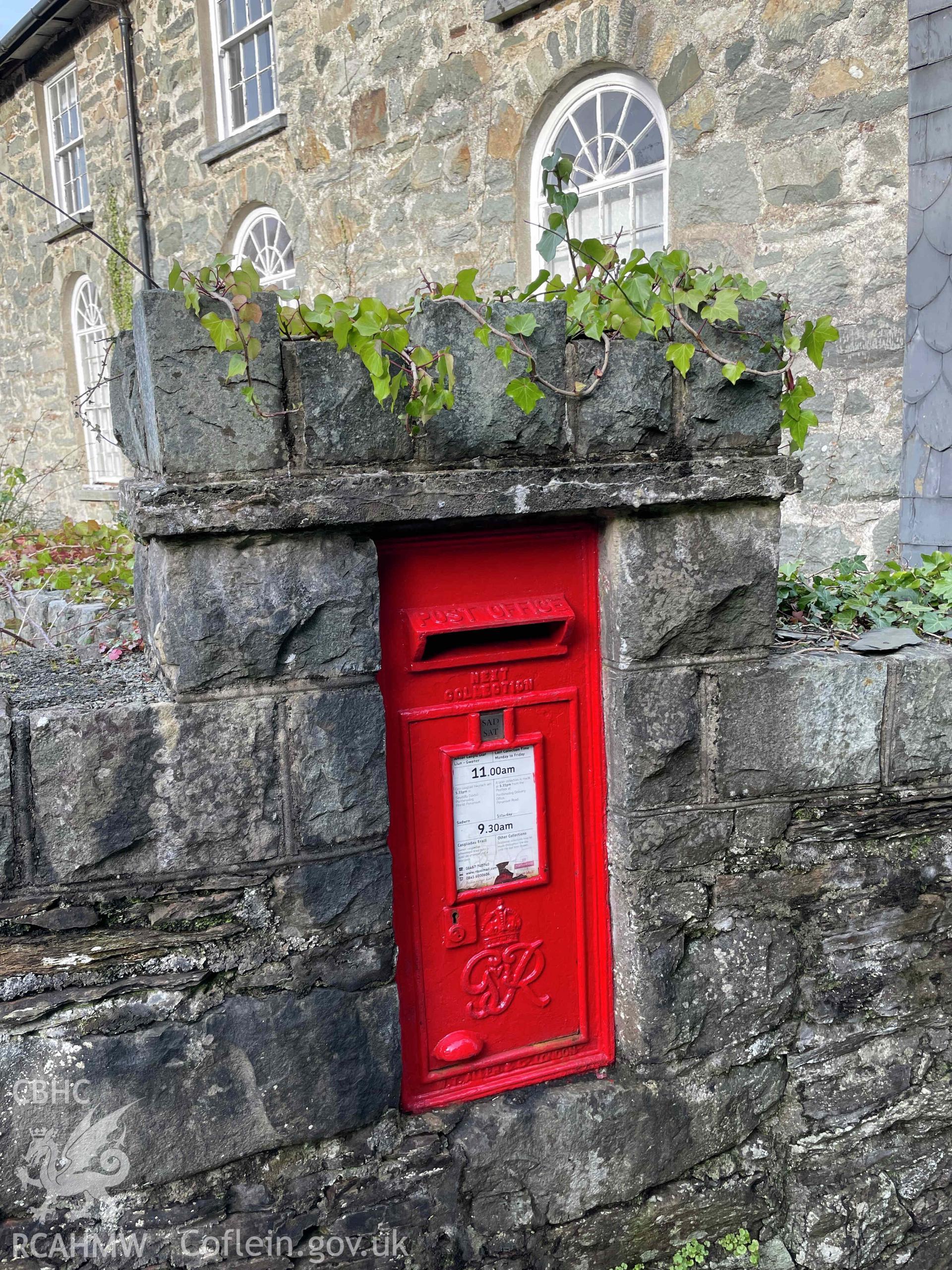 External view of Capel Soar, Talsarnau (with post box), part of a photo survey produced in August 2023 as part of planning conditions for Parc Genedlaethol Eryri LPA Reference: NP5/77/LB65B.