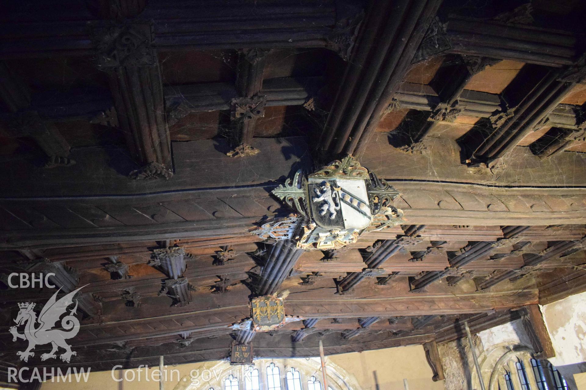 Photograph showing the chapel roof. taken during an Archaeological Watching Brief carried out during refurbishment works at St Grwst’s Church and Gwydir Chapel, Llanrwst,, by Clwyd-Powys Archaeological Trust in 2019-2020. ref: CPAT 4679-0156., Project no. 2399.