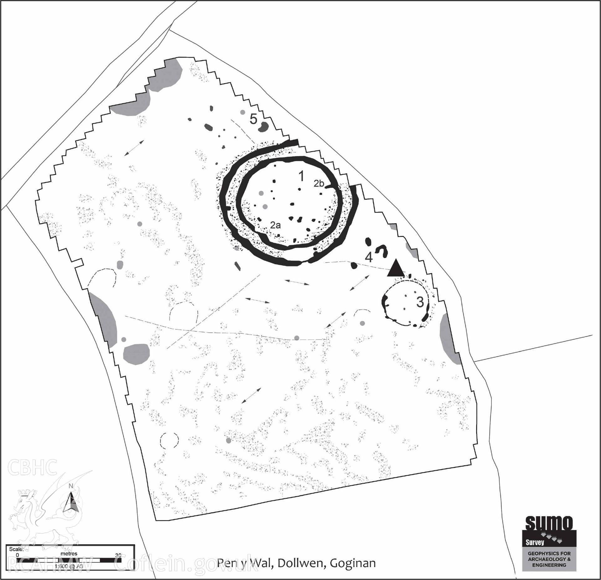 ''Gazeteer prehistoric AW [Archaeology in Wales Journal] 2021'. Dolwen Flint location. Part of Geophysical Survey of Pen y Wal, Dollwen Barrow, Goginan. Commissioned by the RCAHMW and produced by Sumo Survey, 2021.