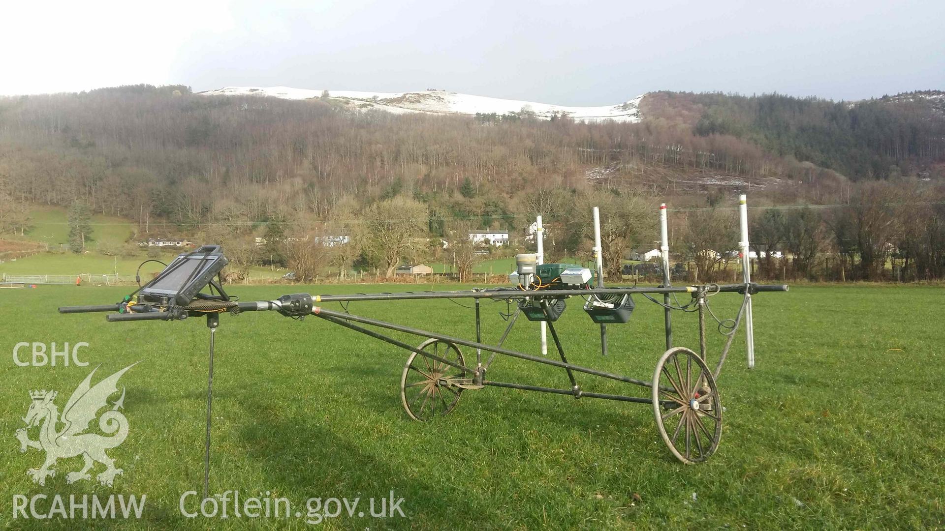 Photograph looking north showing cart at Dollwen, taken by Sumo Survey on 25 January 2021. Part of Geophysical Survey of Pen y Wal, Dollwen Barrow, Goginan. Commissioned by the RCAHMW and produced by Sumo Survey, 2021.