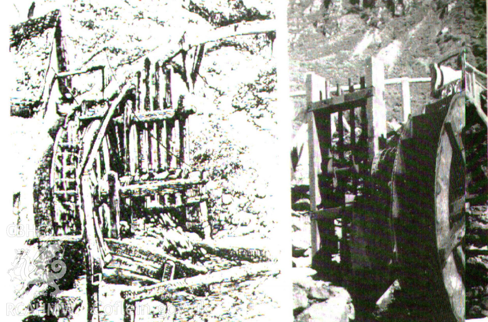 Digital image of contemporary illustration of early small-scale waterwheel and stamp s at work with an example of a half size battery recently erected at Sygun Mine, Beddgelert, Bick, 1982