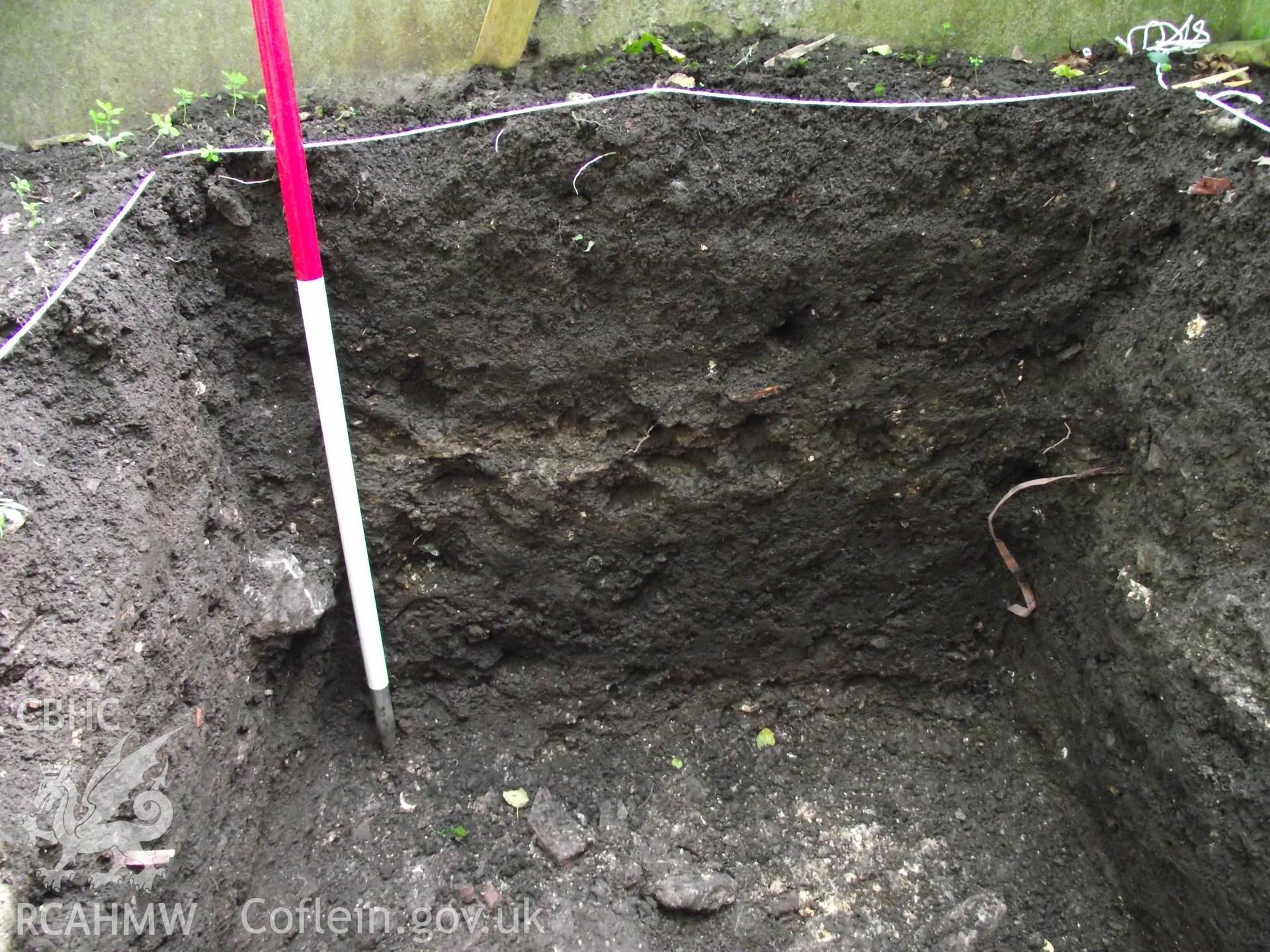 Digital photograph showing excavated area at 1A White Hart Lane and 30 High Street (Bank House), Caerleon. Produced by M. Lewis, National Roman Legion Museum. August 2012.