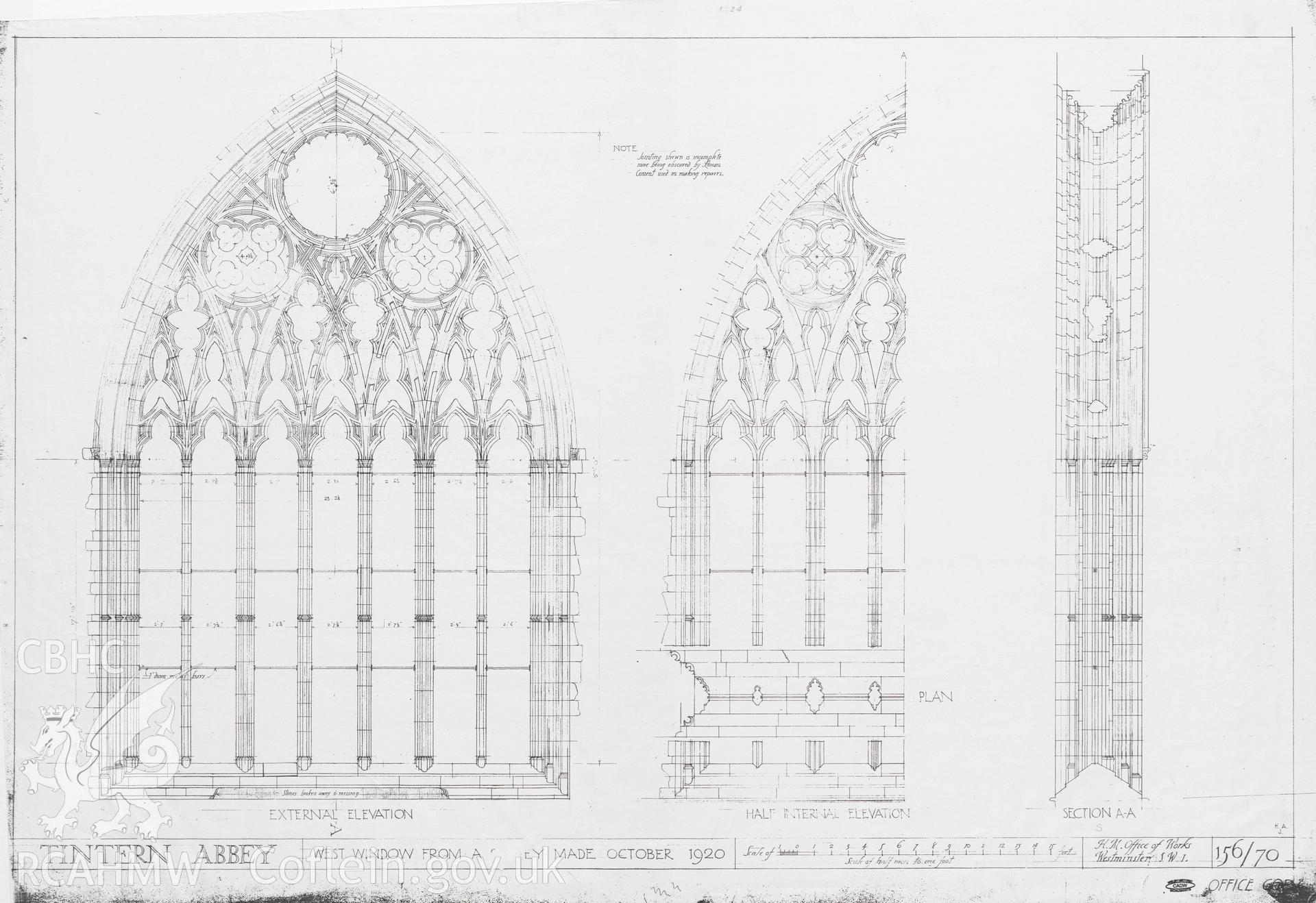 Cadw guardianship monument drawing of Tintern Abbey. West window elevations and section. Cadw ref. No. 156/70. Scale 1:24.