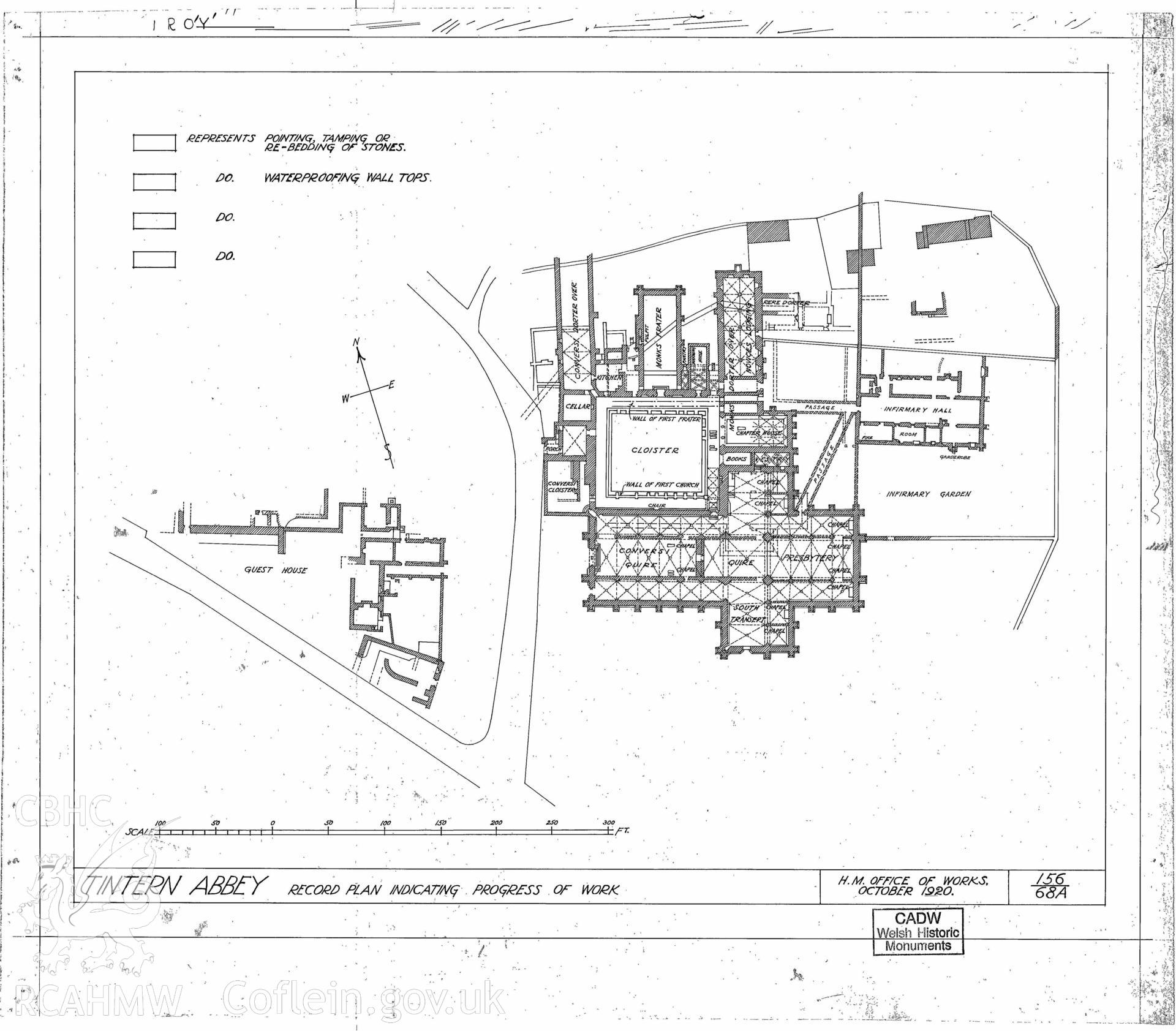 Cadw guardianship monument drawing of Tintern Abbey. Record plan, negative. Cadw ref. No. 156/68A. Scale 1:495.