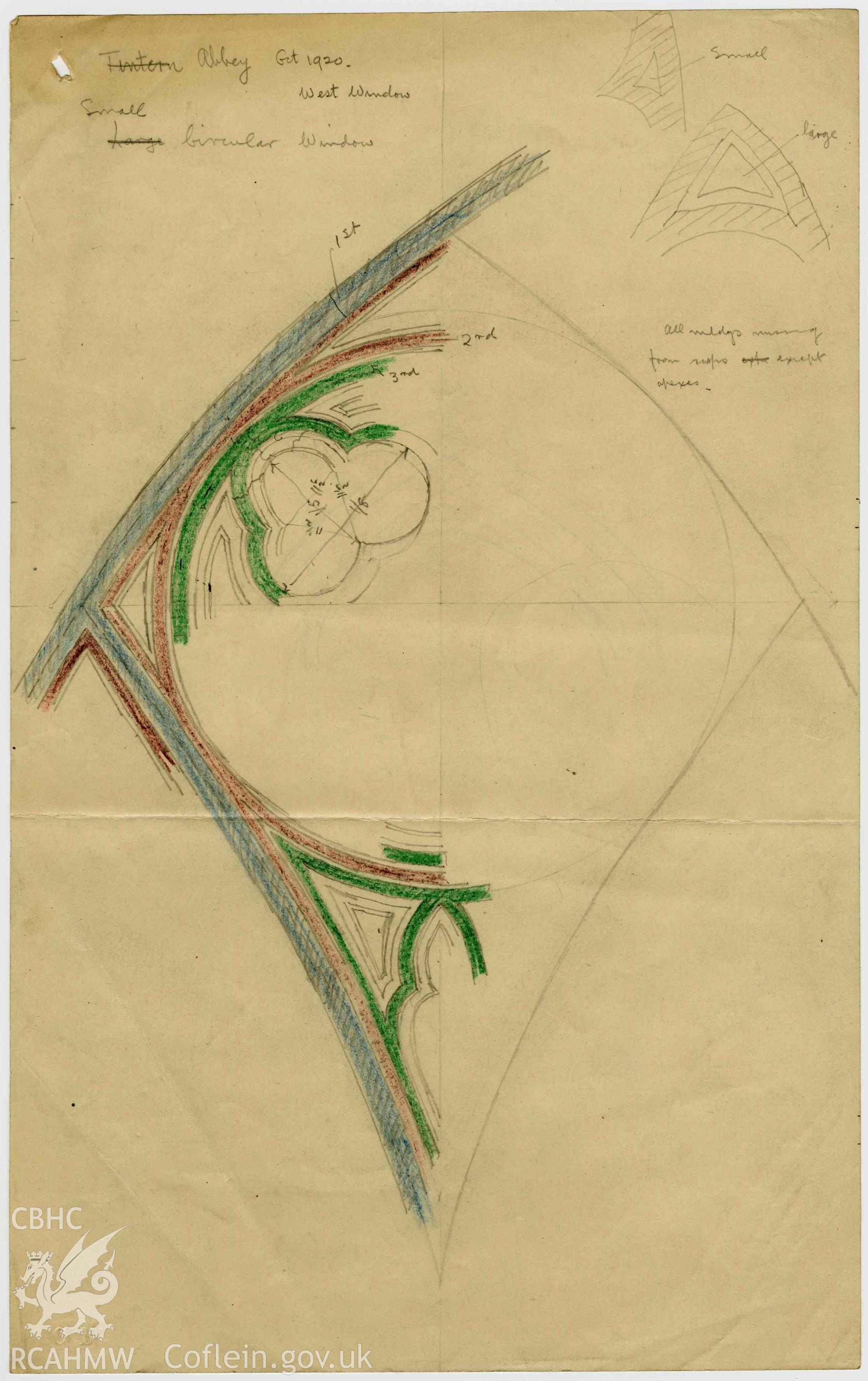 Cadw guardianship monument drawing, 6 sheets of measurements and notes on west window, Tintern Abbey.  Dated October 1920.