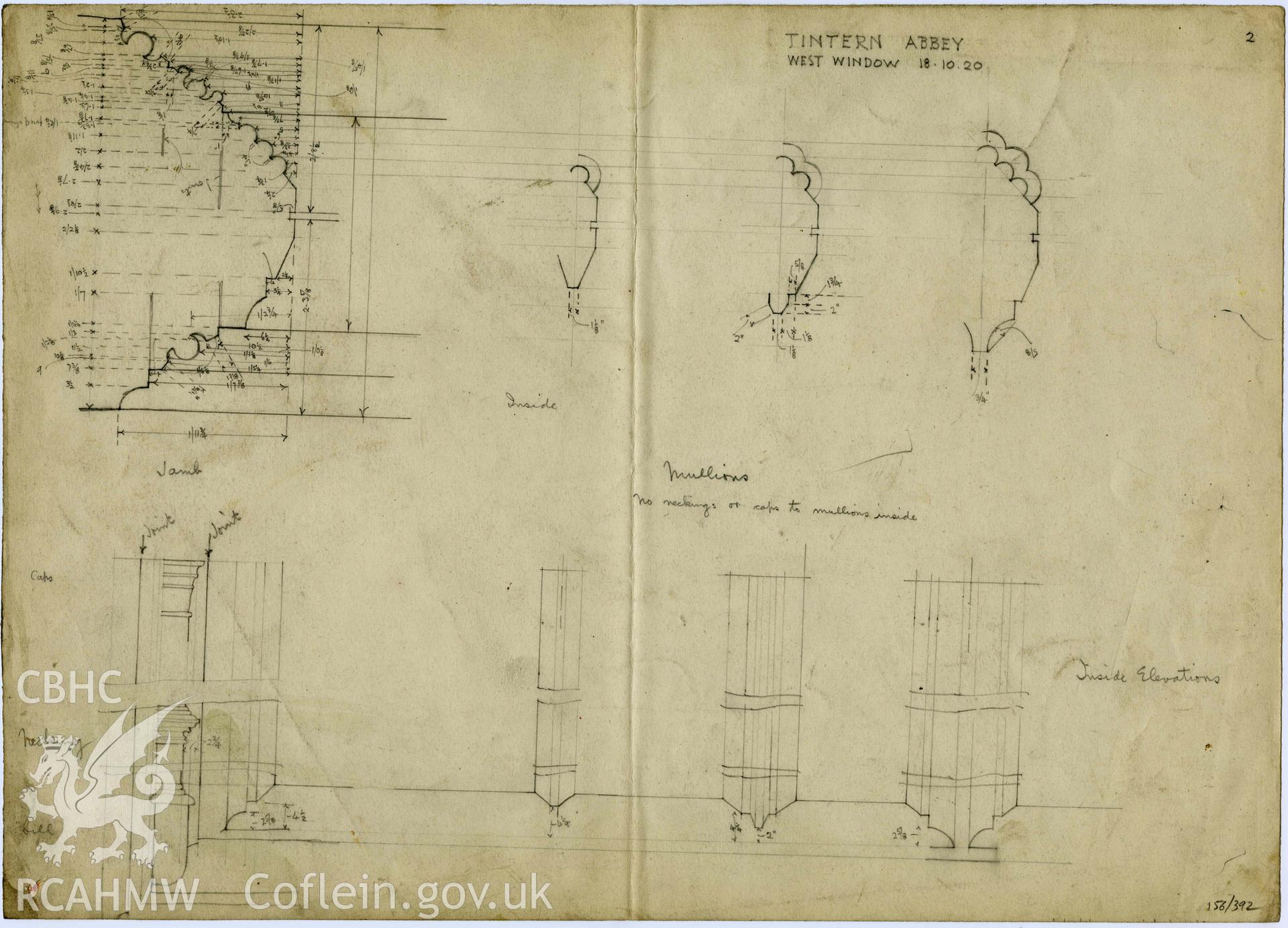 Cadw guardianship monument drawing, pencil sketch of interior and exterior west window, mullions and elevations, Tintern Abbey.  Dated 18th October 1920.