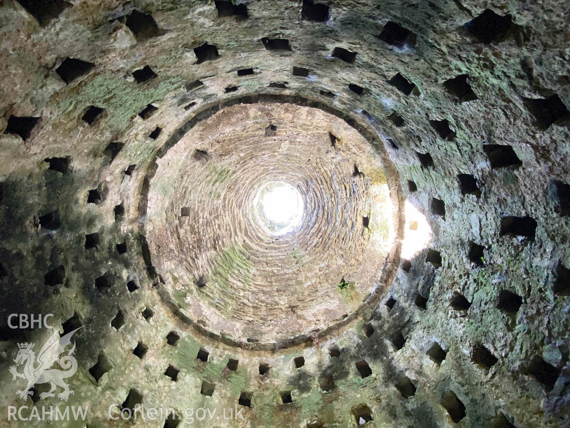 Digital photograph showing interior of roof of Manorbier Castle Dovecote, produced by Paul Davis in 2023