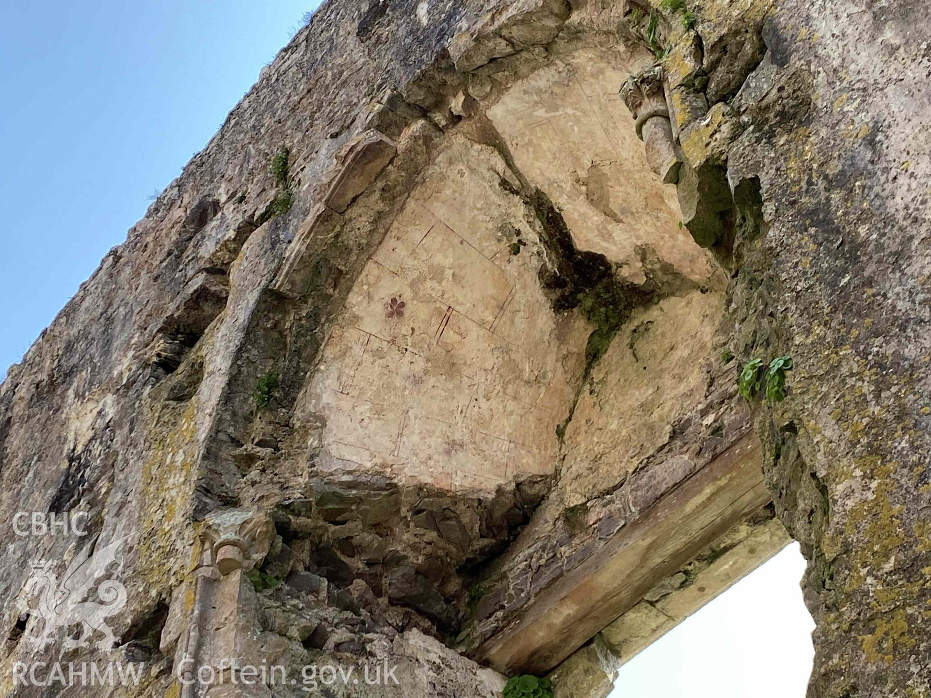 Digital photograph showing detail of wallpainting at Lamphey Bishop's Palace, produced by Paul Davis in 2023