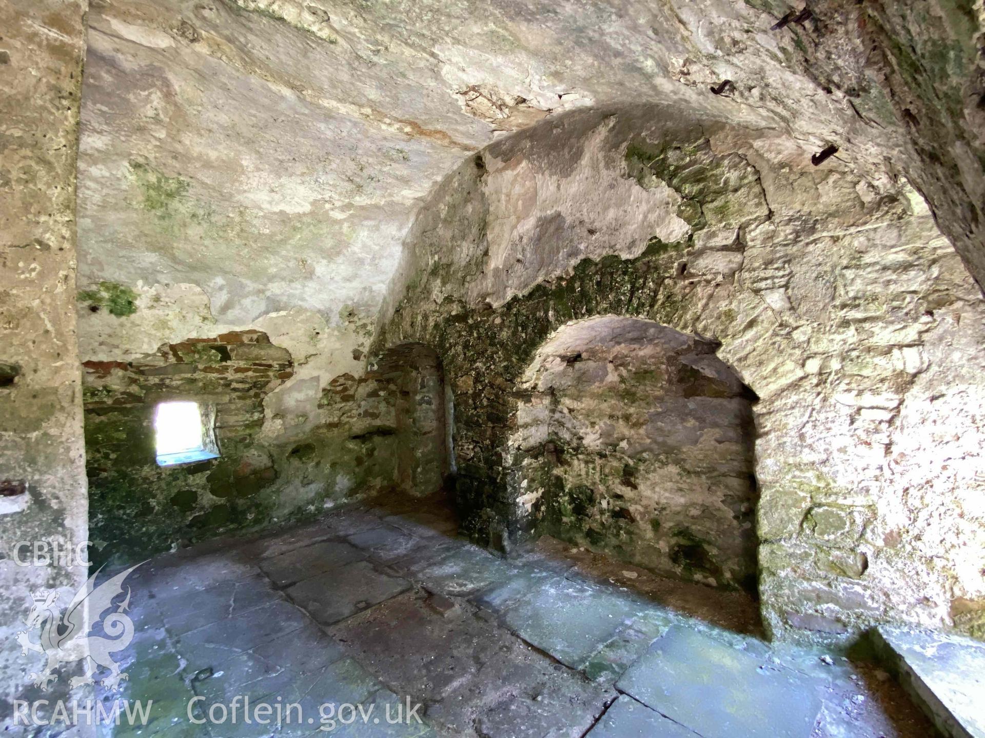 Digital photograph of the Priory's tower undercroft at St Mary's Priory, Caldey Island, produced by Paul Davis in 2023