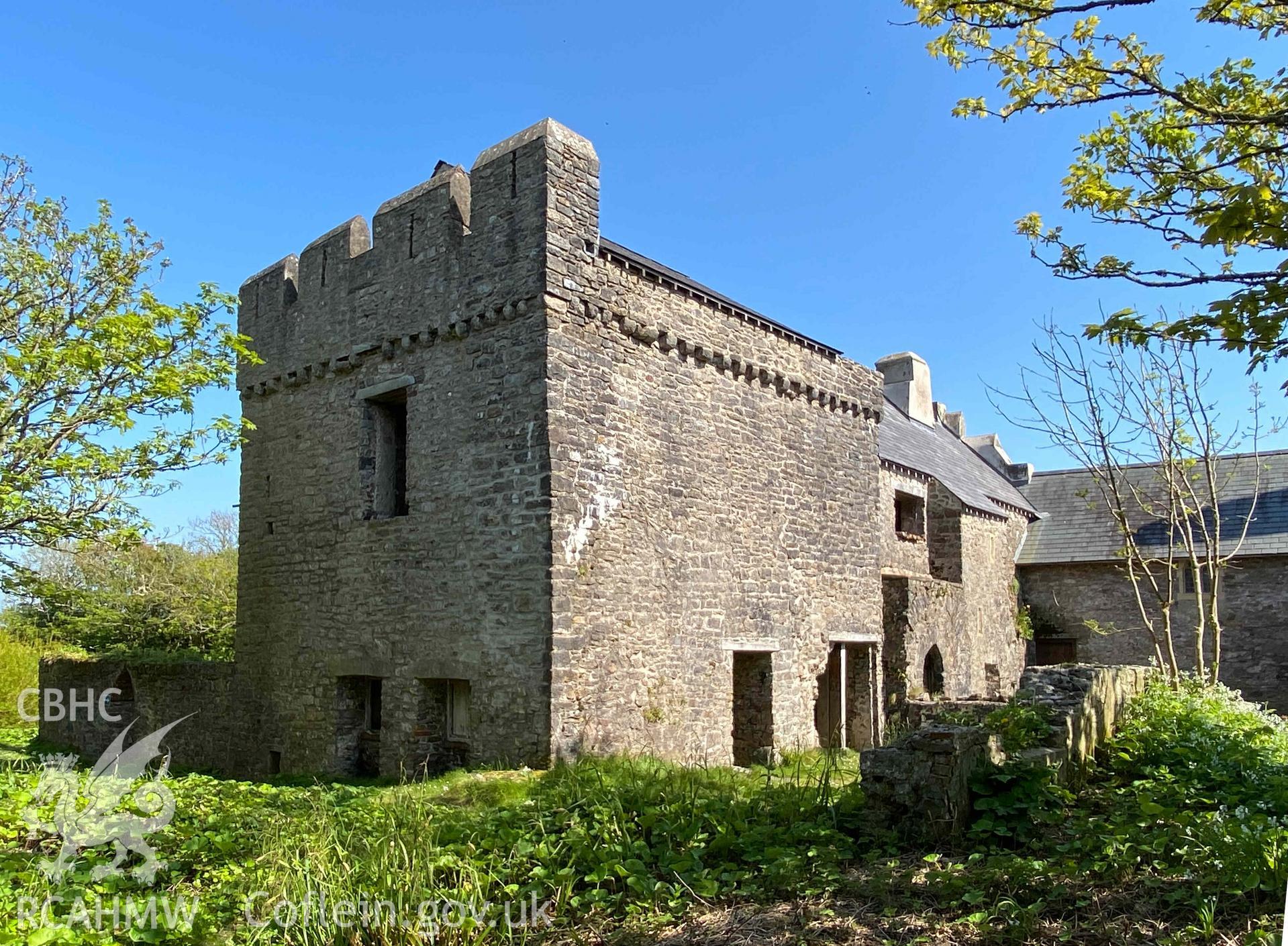 Digital photograph of the Priory's tower at St Mary's Priory, Caldey Island, produced by Paul Davis in 2023