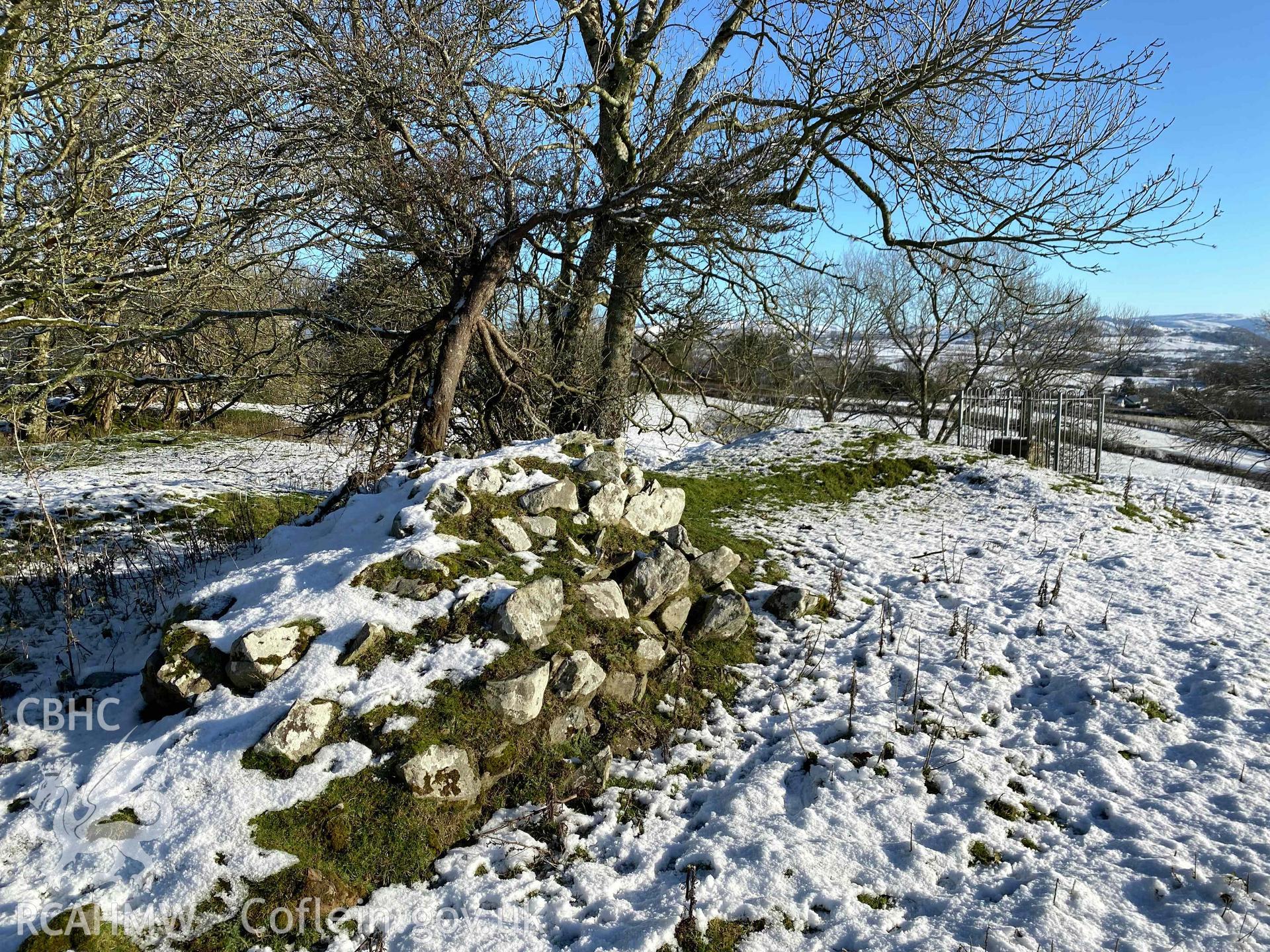 Digital photograph showing stone ruin of keep at Ystrad Meurig Castle produced by Paul Davis in 2023