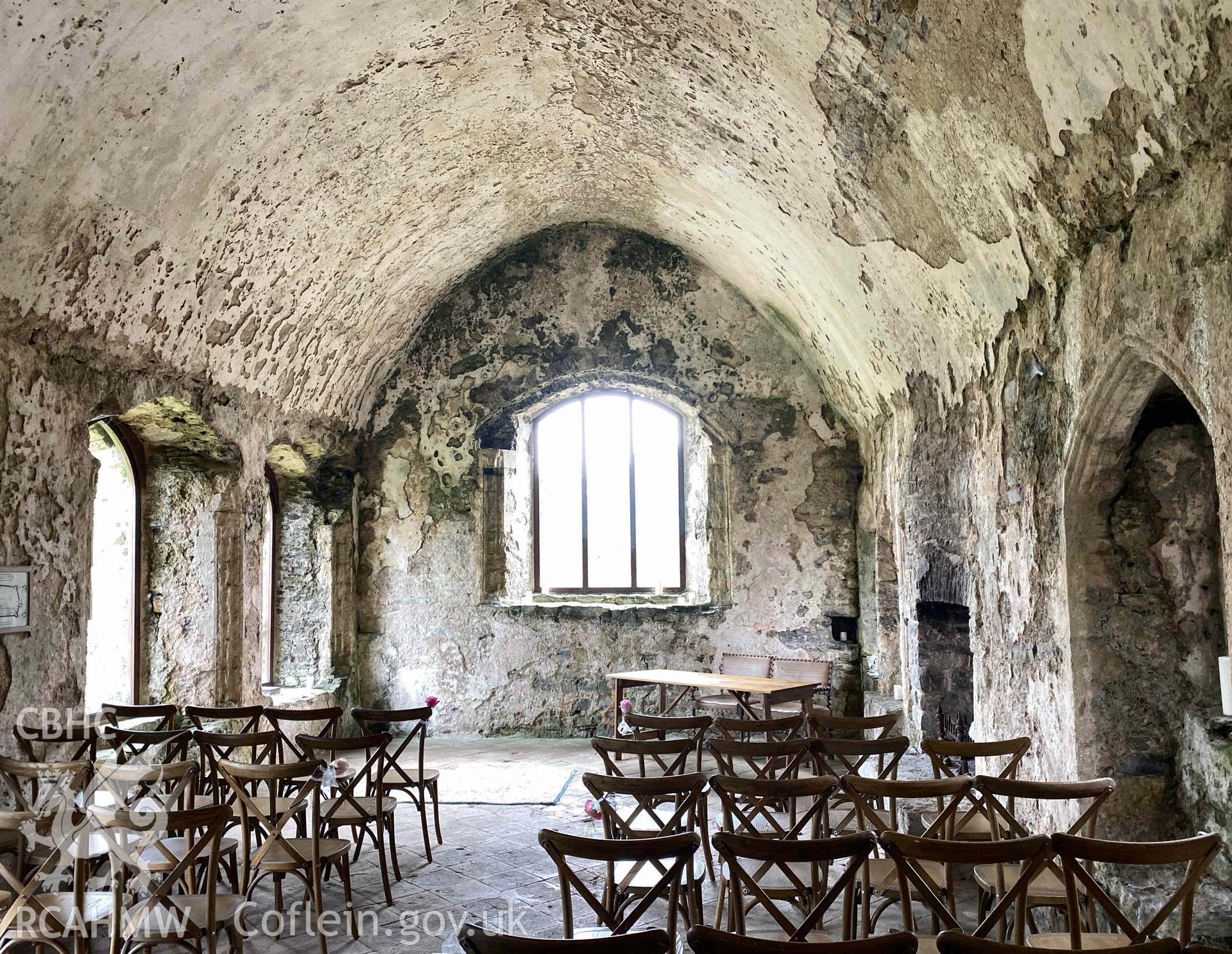 Digital photograph showing interior of chapel at Manorbier Castle, produced by Paul Davis in 2023