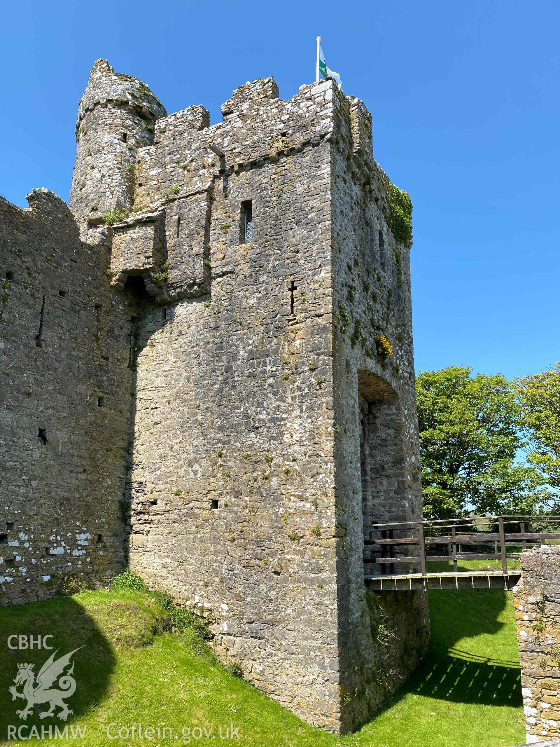 Digital photographs of entrance and moat of Manorbier Castle, produced by Paul Davis in 2023